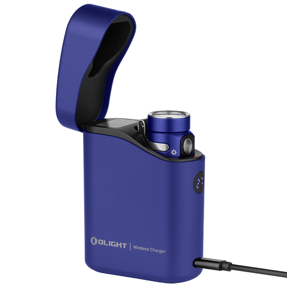 Svítilna Olight Baton 4 Premium Edition Regal Blue s bezdrátovým nabíjecím pouzdrem - 1300 lumenů