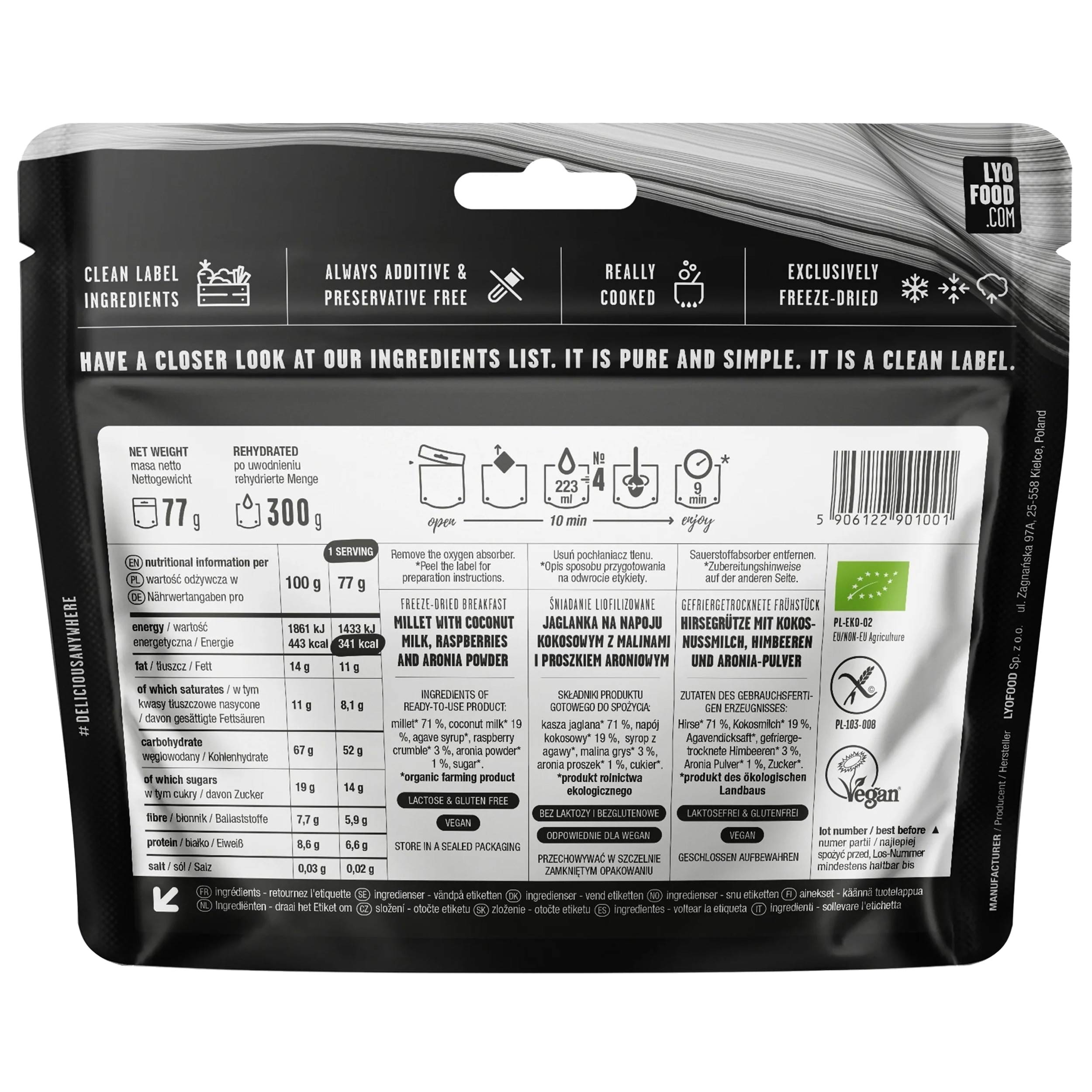 Lyofilizované jídlo LYOFOOD Eko Kokosová jáhlanka s malinami a aronií 77 g/341 kcal