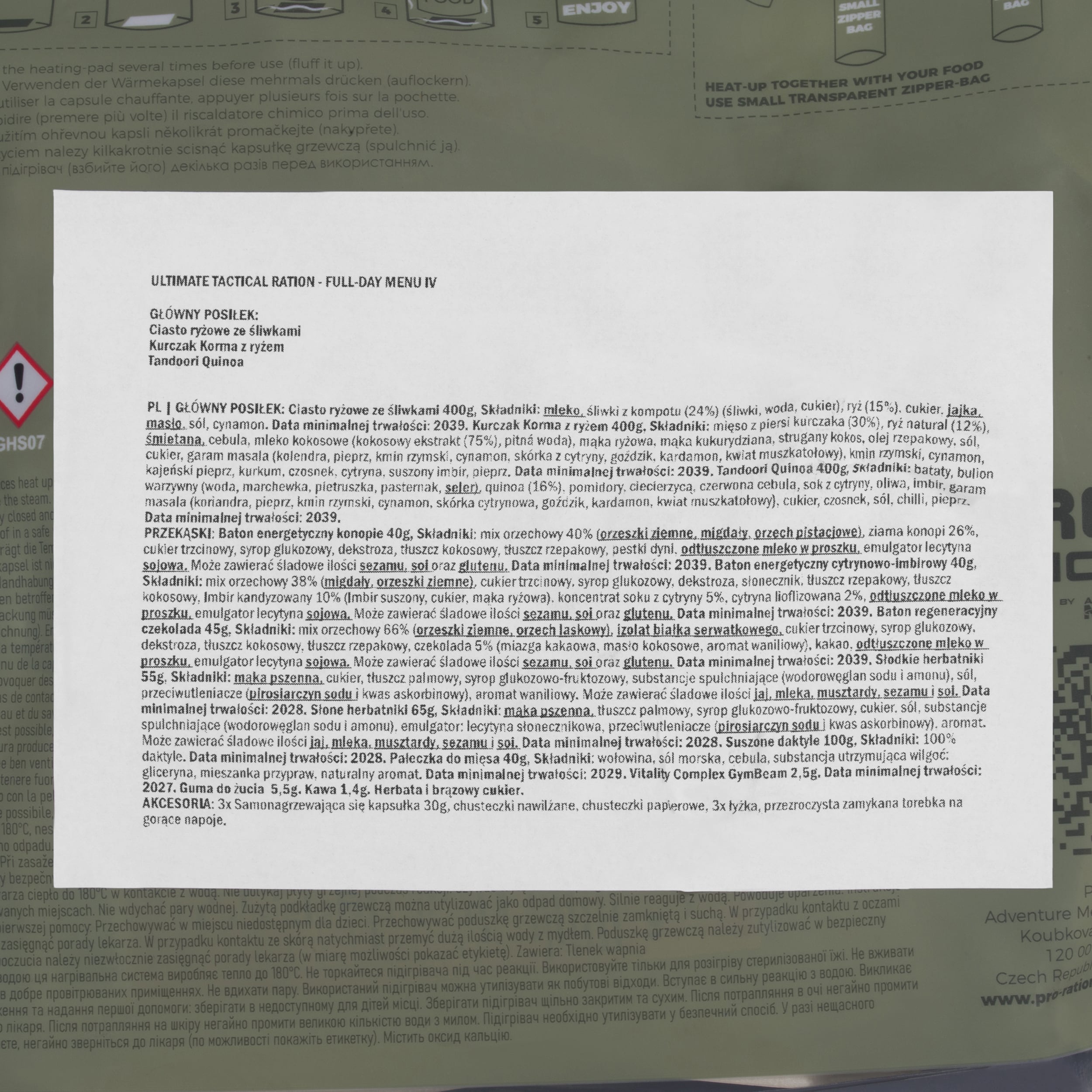 Potravinová dávka Pro Ration Ultimate Tactical Ration Full-Day Menu IV