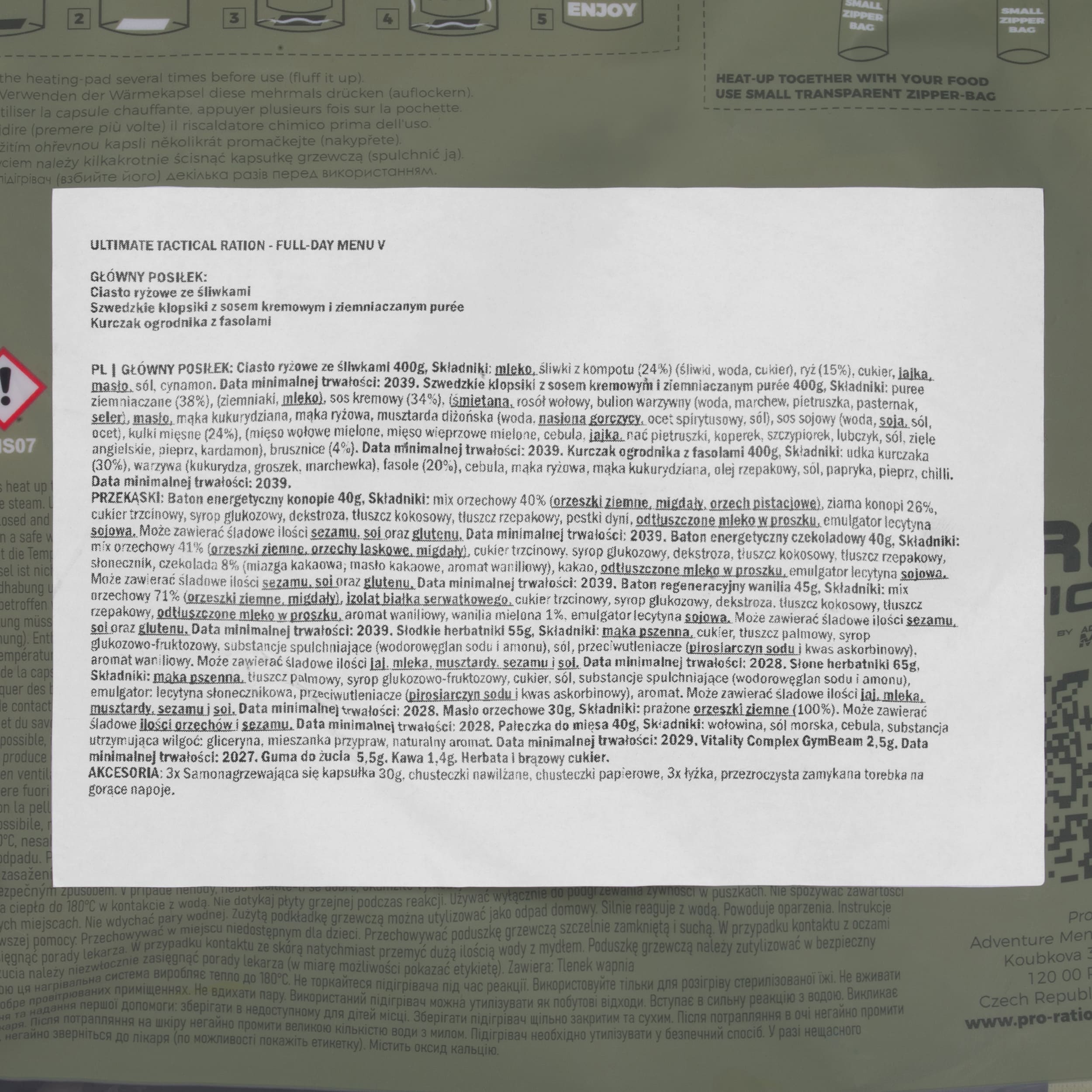 Potravinová dávka Pro Ration Ultimate Tactical Ration Full-Day Menu V