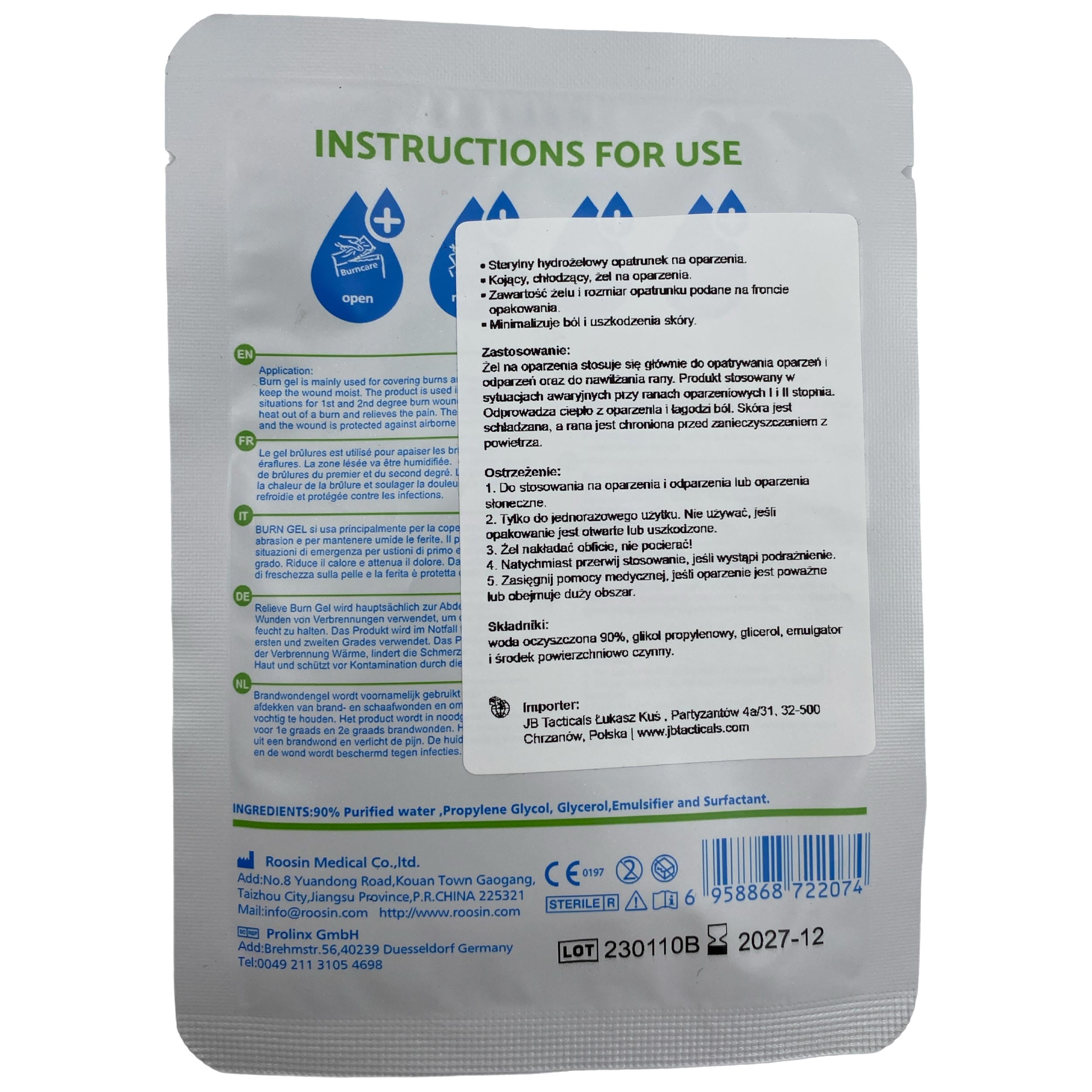 Hydrogelový obvaz Roosin Burncare Relieve Burn Gel 5 × 5 cm