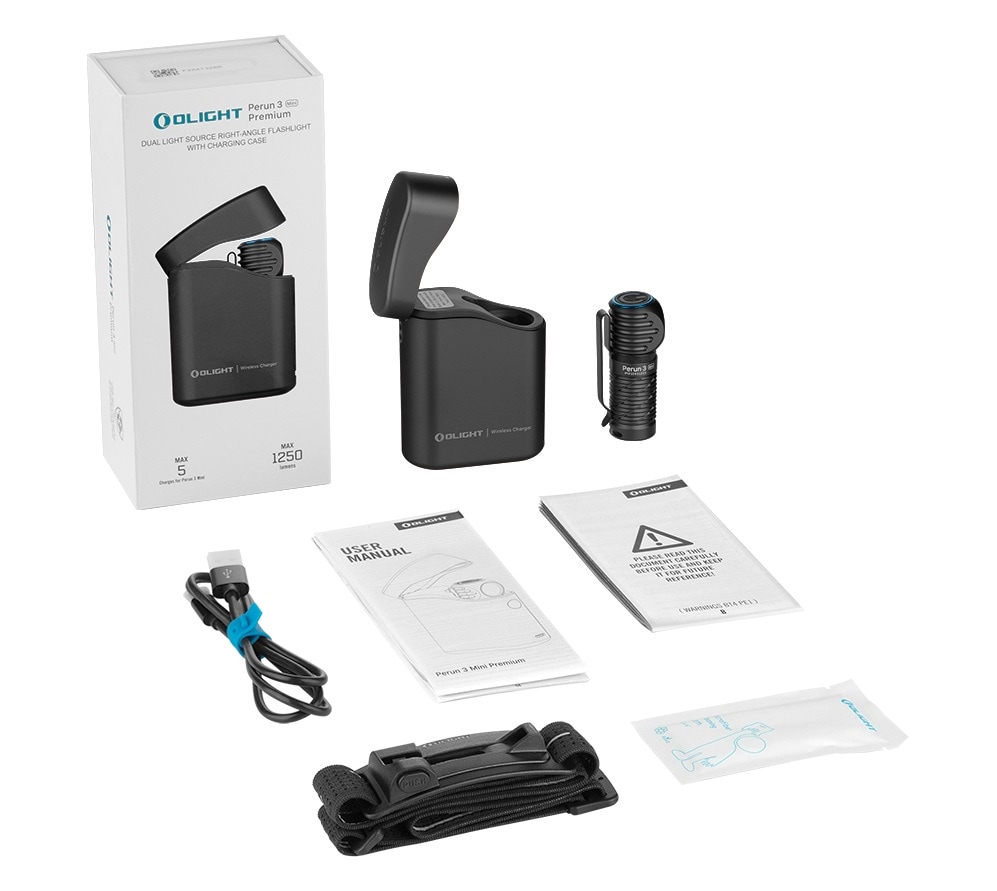 Svítilna čelová a úhlová Olight Perun 3 Mini Premium Cool White Black s páskem - 1250 lumenů