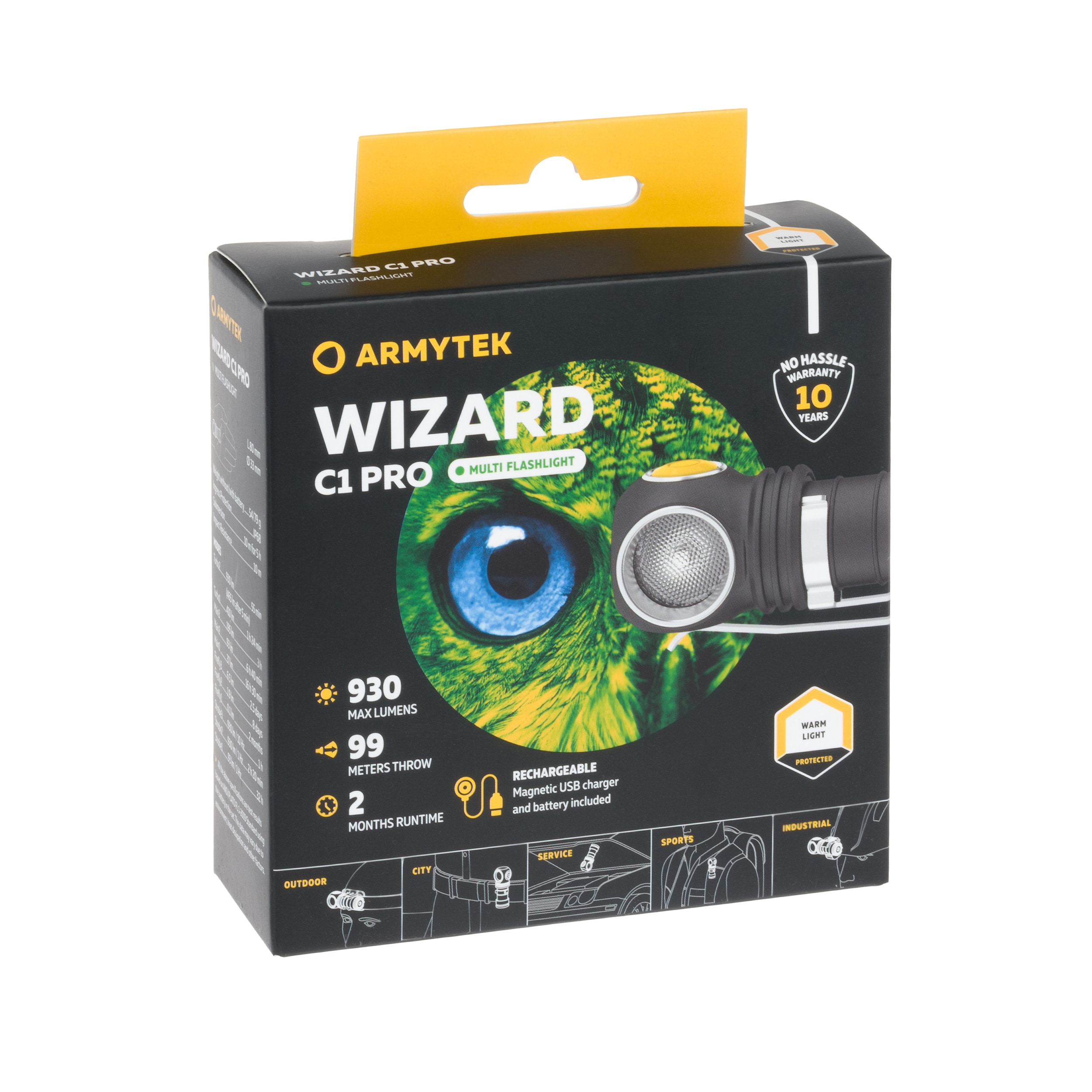 Čelová a úhlová svítilna Armytek Wizard C1 Pro Magnet USB Yellow PCB - 930 lumenů