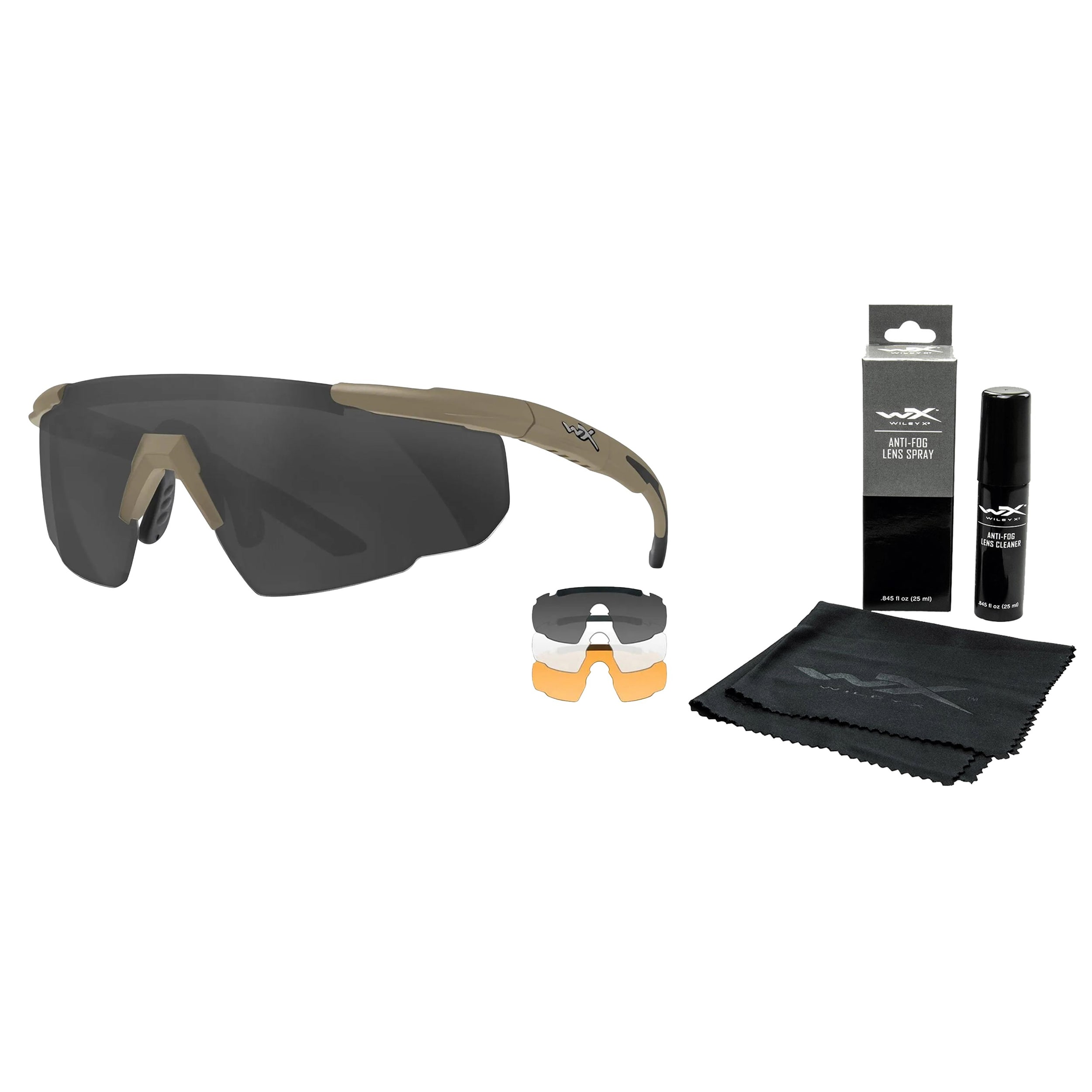 Taktické brýle Wiley X Saber Advanced Set 3in1 - Grey/Clear/Light Rust/Tan + Anti-Fog Cleaner Kit - sada
