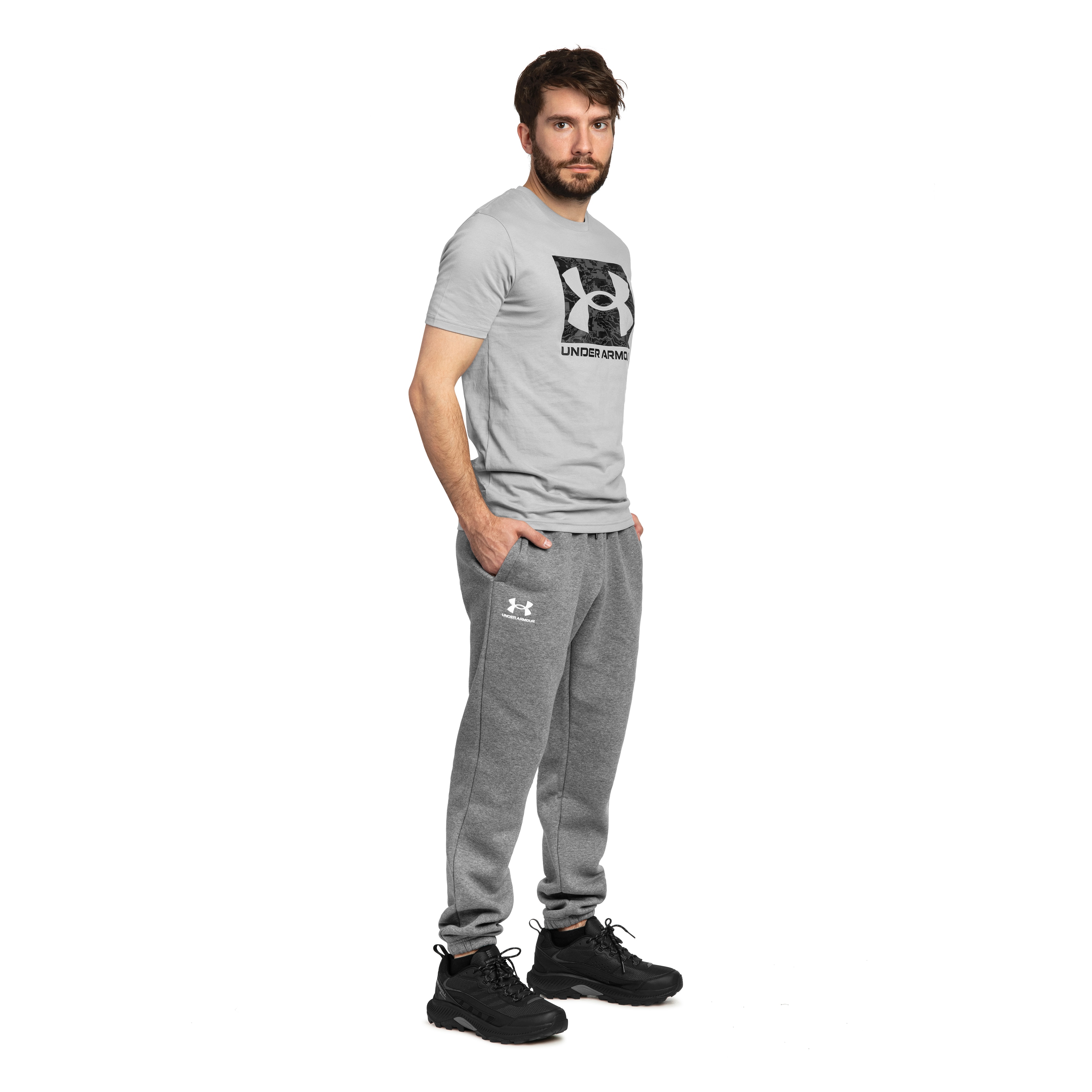 Kalhoty Under Armour Jogger Icon Fleece - Pitch Gray Medium Heather/White