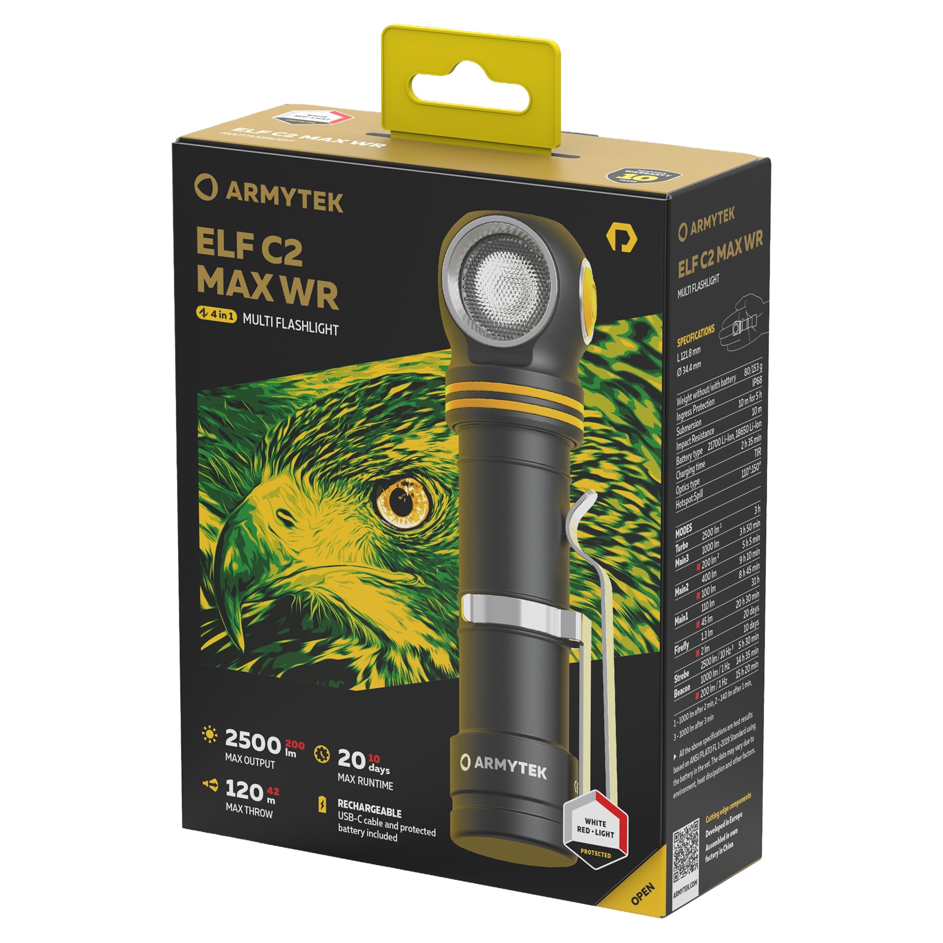 Čelová a úhlová svítilna Armytek Elf C2 Max WR USB-C PCB White - 2500 lumenů