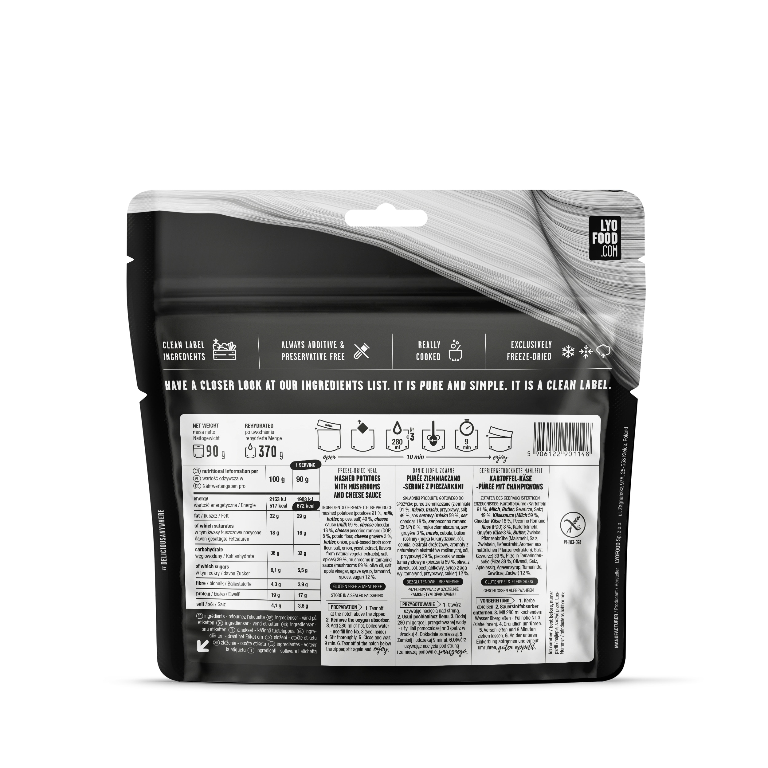 Lyofilizované jídlo LYOFOOD Sýrové pyré s brambory a houbami 90 g/465 kcal