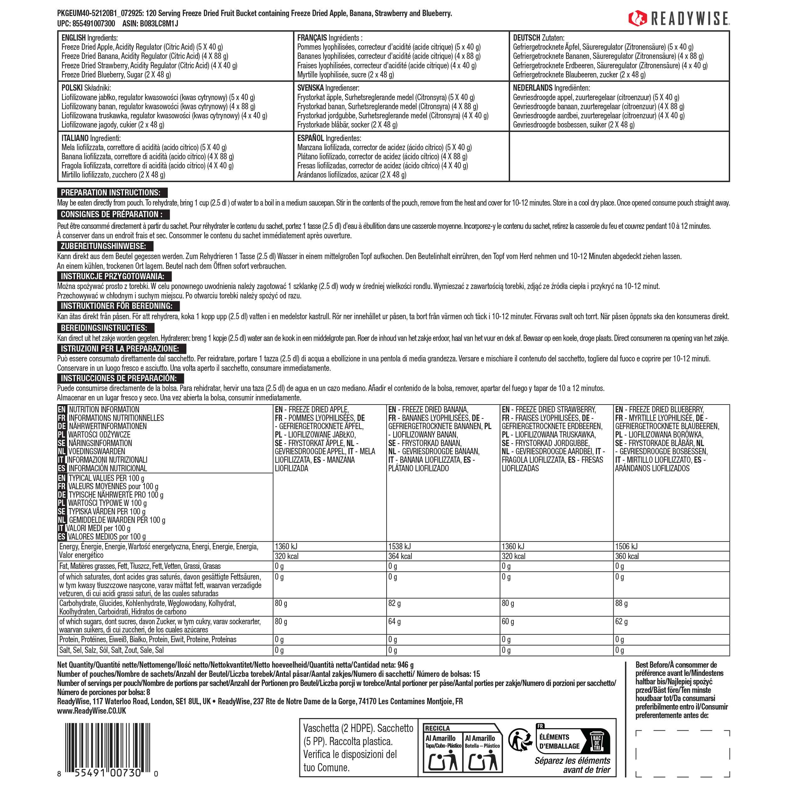 ReadyWise - Gefriergetrocknete Lebensmittel - 120 Obstportionen