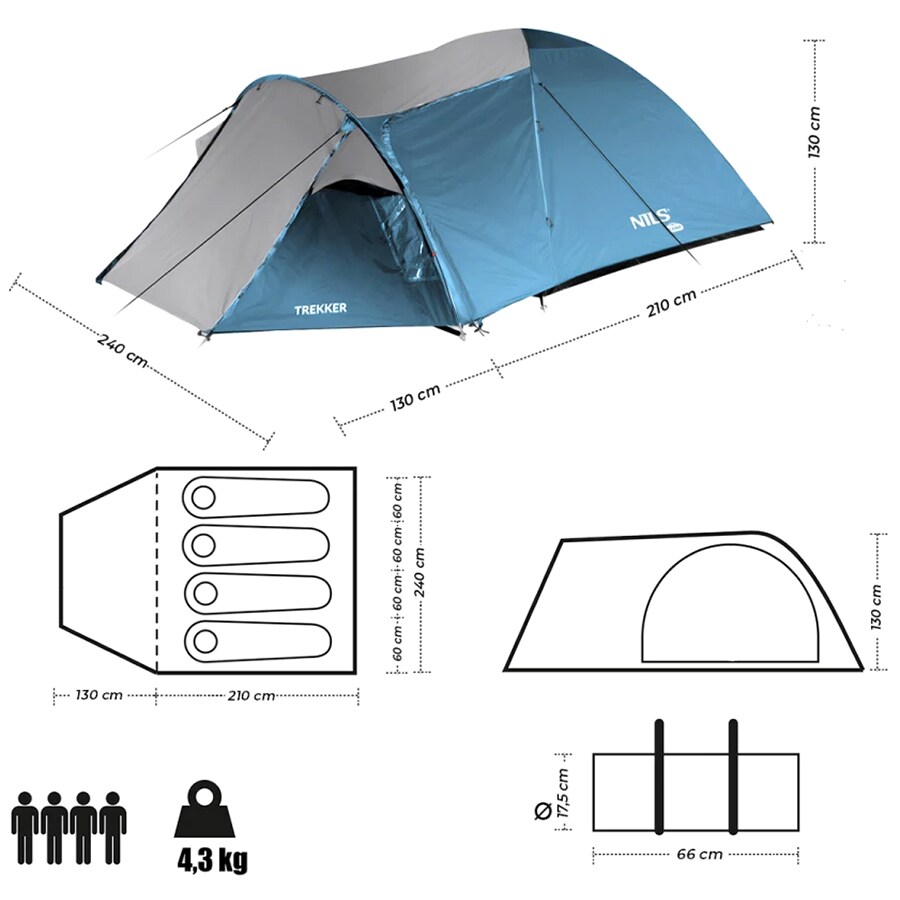 Nils Camp - Trekker NC6012 - 4-Personen-Zelt - Blau/Grau