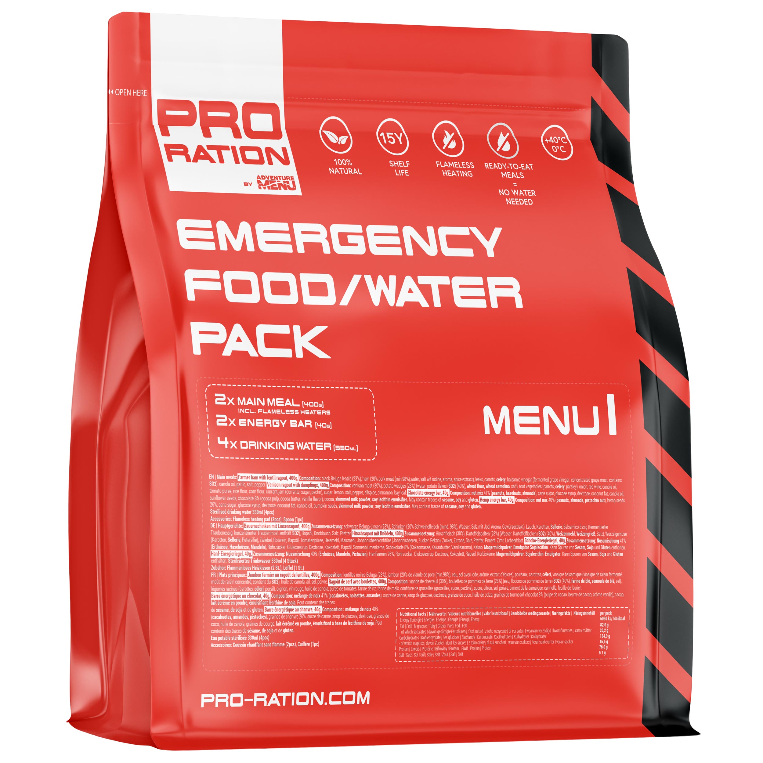 Pro Ration - Lebensmittelration - Emergency Food/Water pack - Menu I