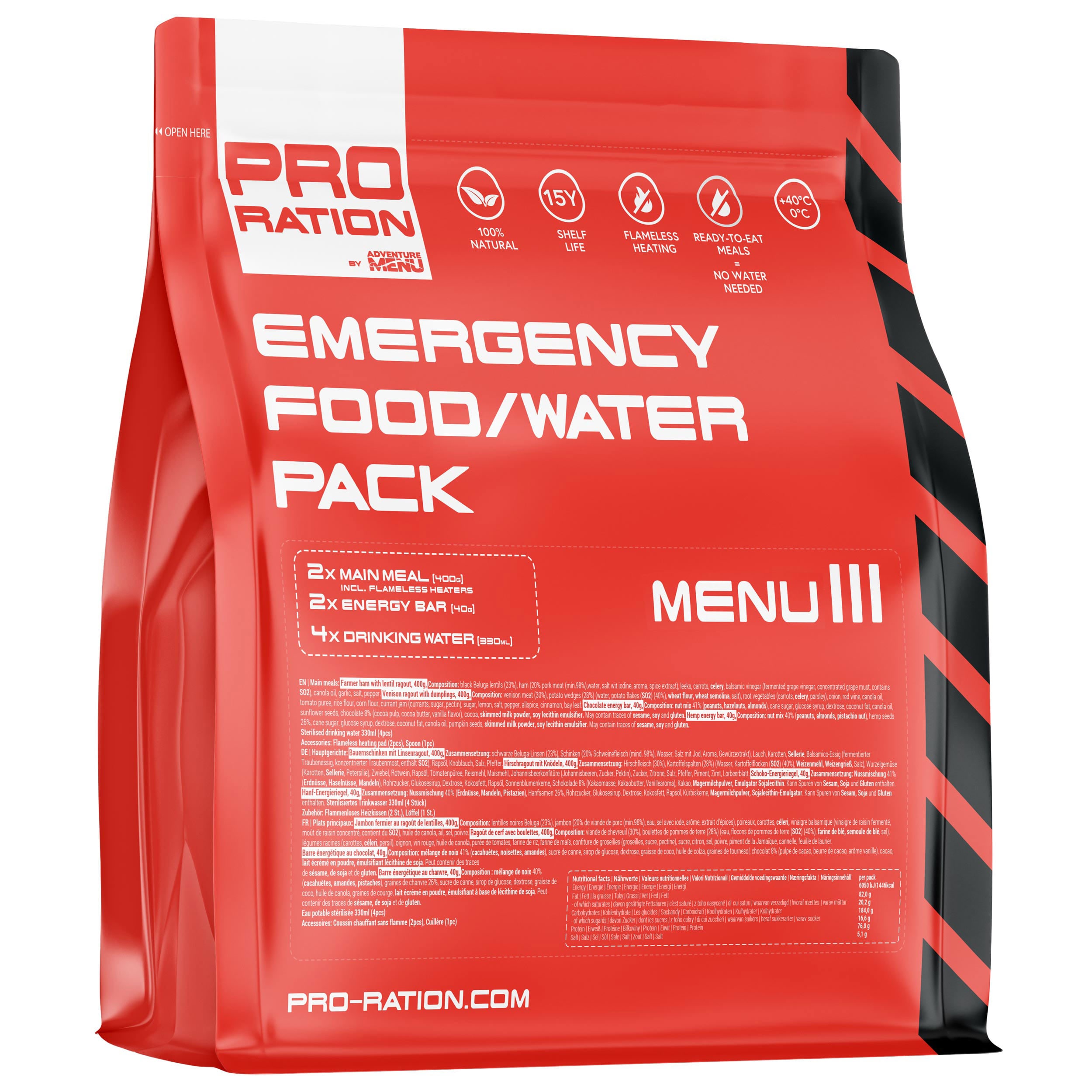 Pro Ration - Lebensmittelration - Emergency Food/Water pack - Menu III