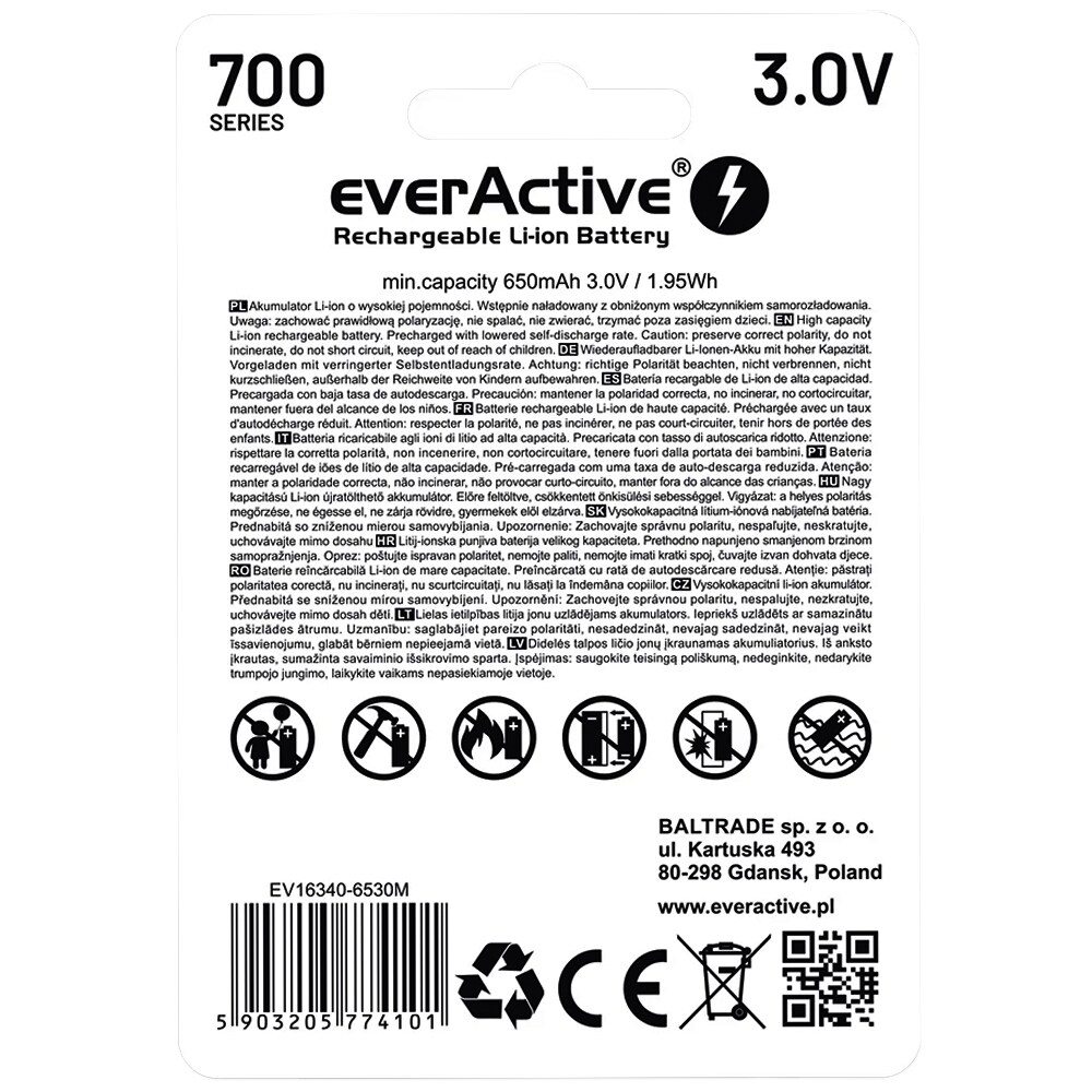 EverActive - Akku 3 V 16340 mit Sicherung - 700 mAh