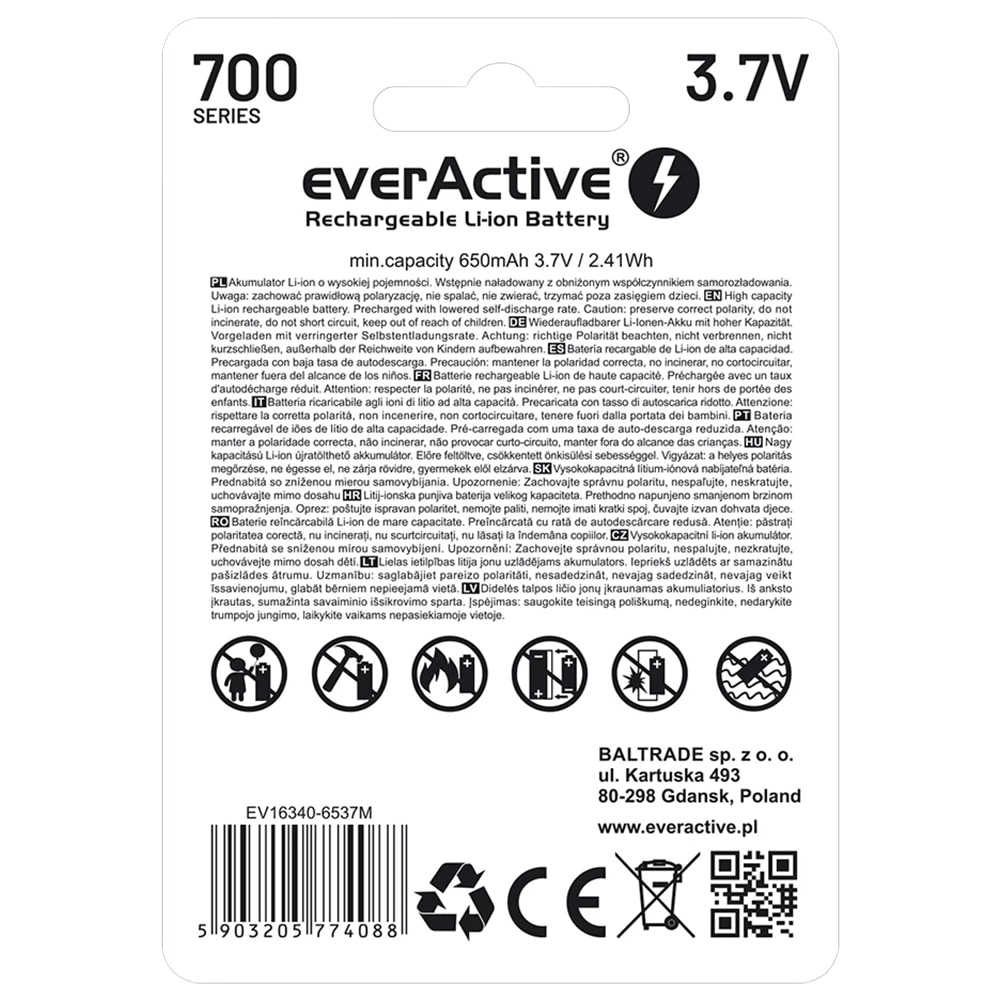 EverActive - Akku 3,7 V 16340 mit Sicherung - 700 mAh