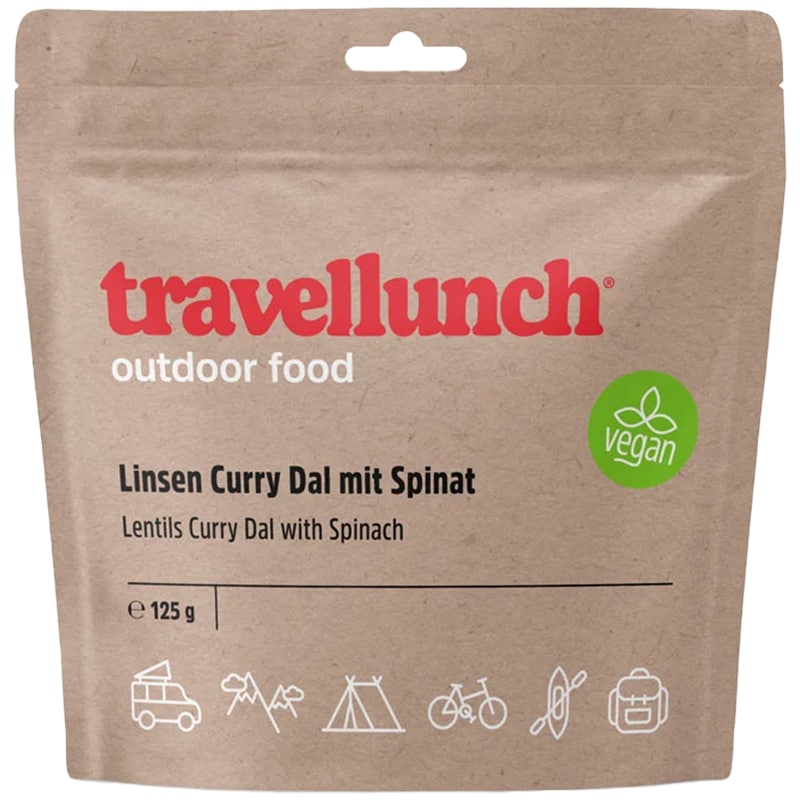 Travellunch - Gefriergetrocknetes Lebensmittel - Veganes Linsen-Curry-Dal mit Spinat - 125 g