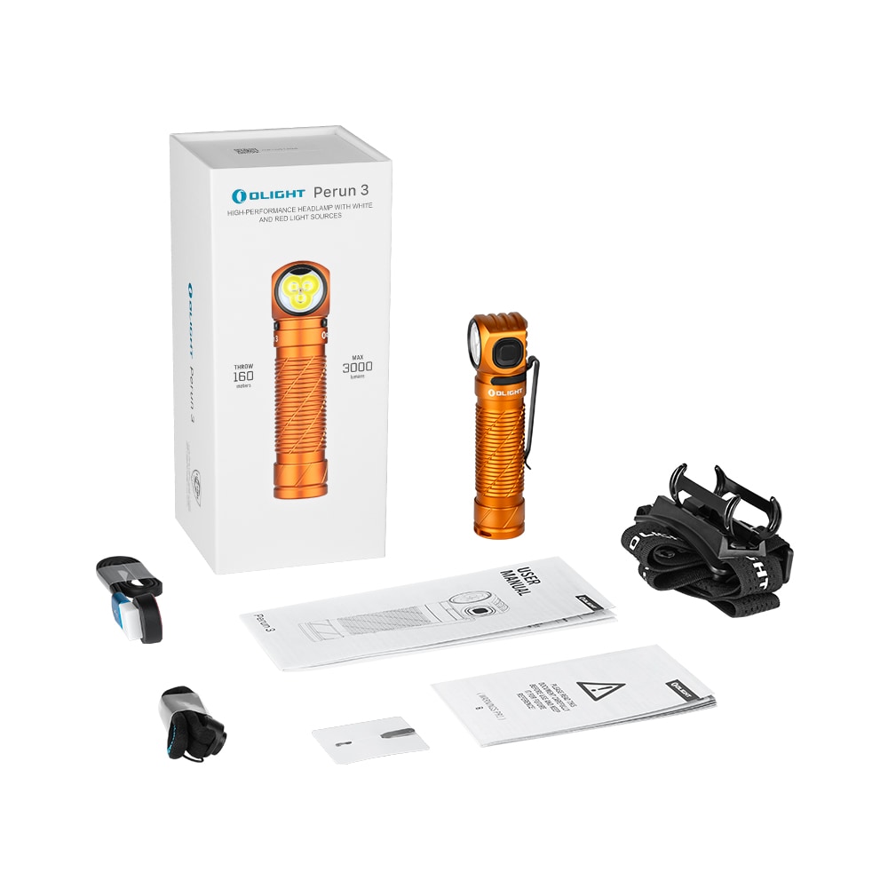 Olight - Perun 3 Orange Kopf- und Winkeltaschenlampe mit Stirnband - 3000 Lumen