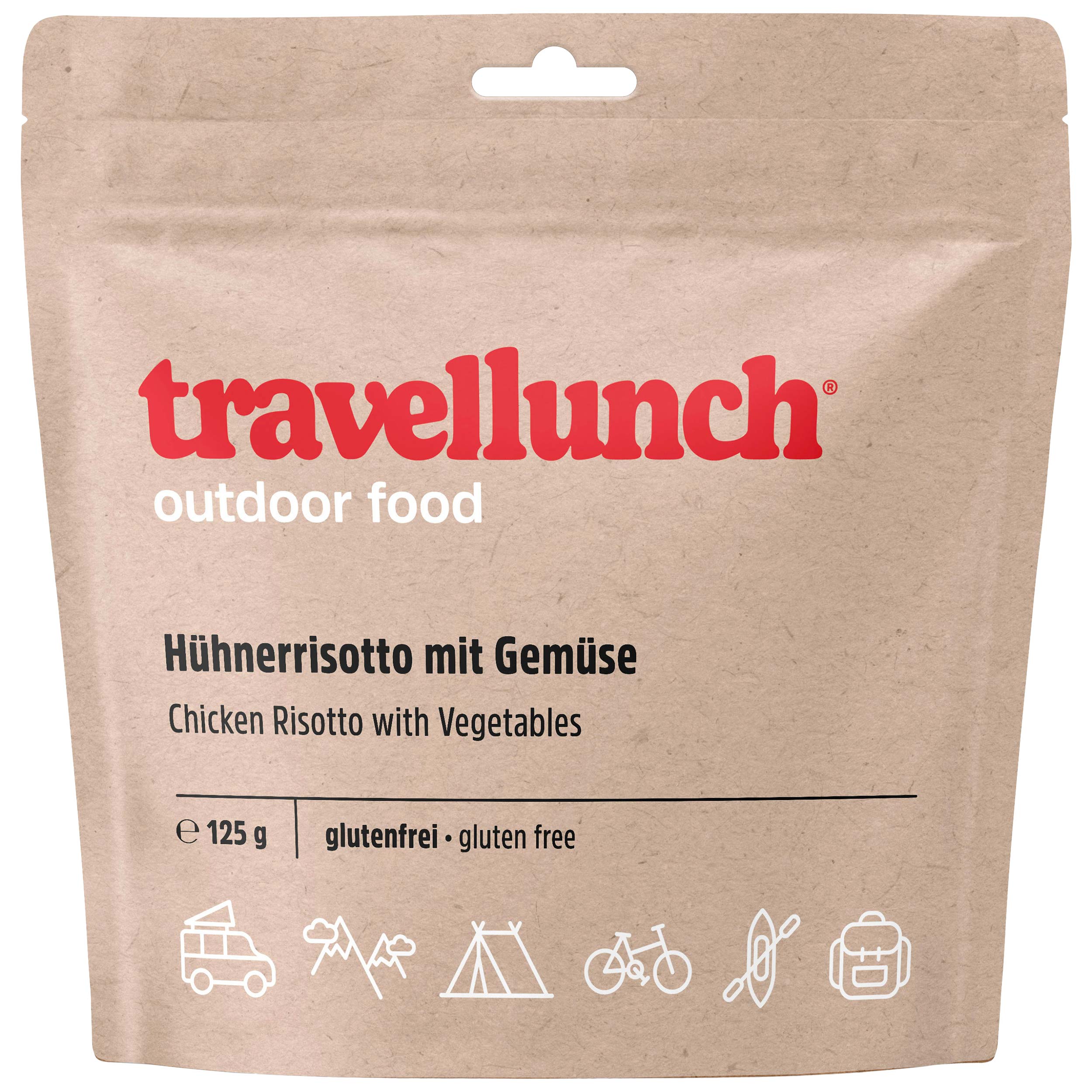 Travellunch - Gefriergetrocknete Lebensmittel - Glutenfreies Risotto mit Huhn, Gemüse, Pilzen und Kräutern 125 g