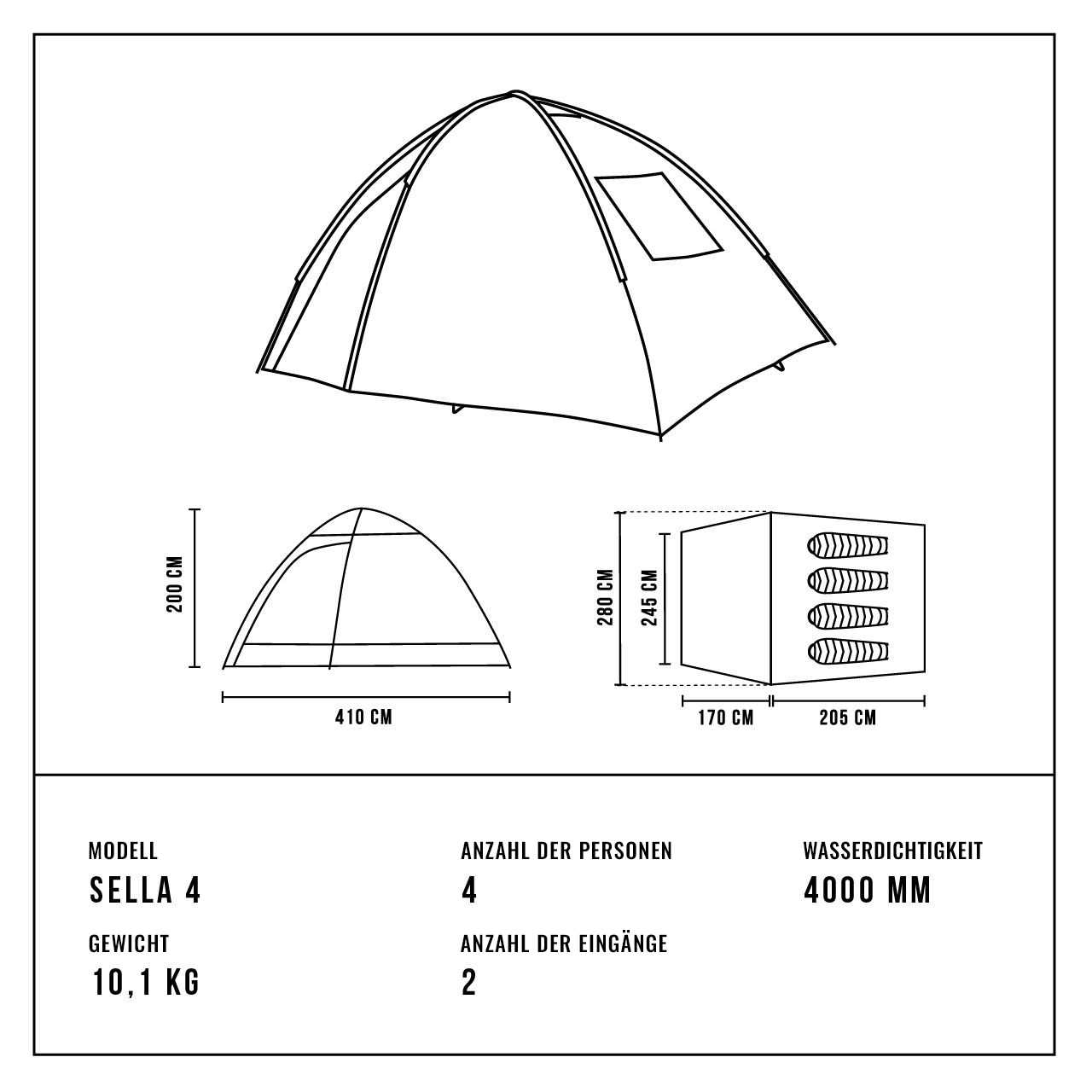 Alpinus - Sella 4-Personen Zelt - Grey