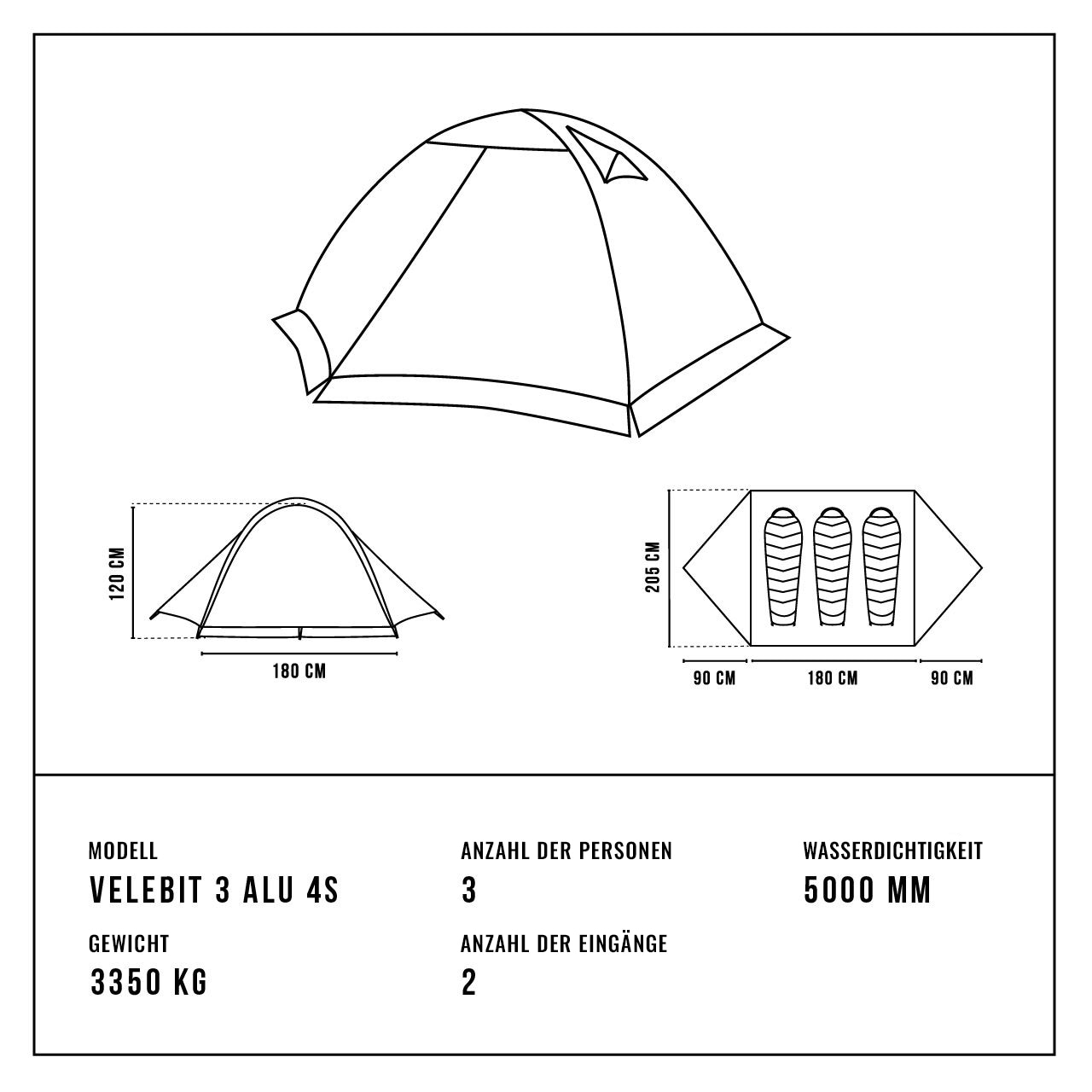 Alpinus - Velebit 3 ALU 4S 3-Personen Zelt - Green