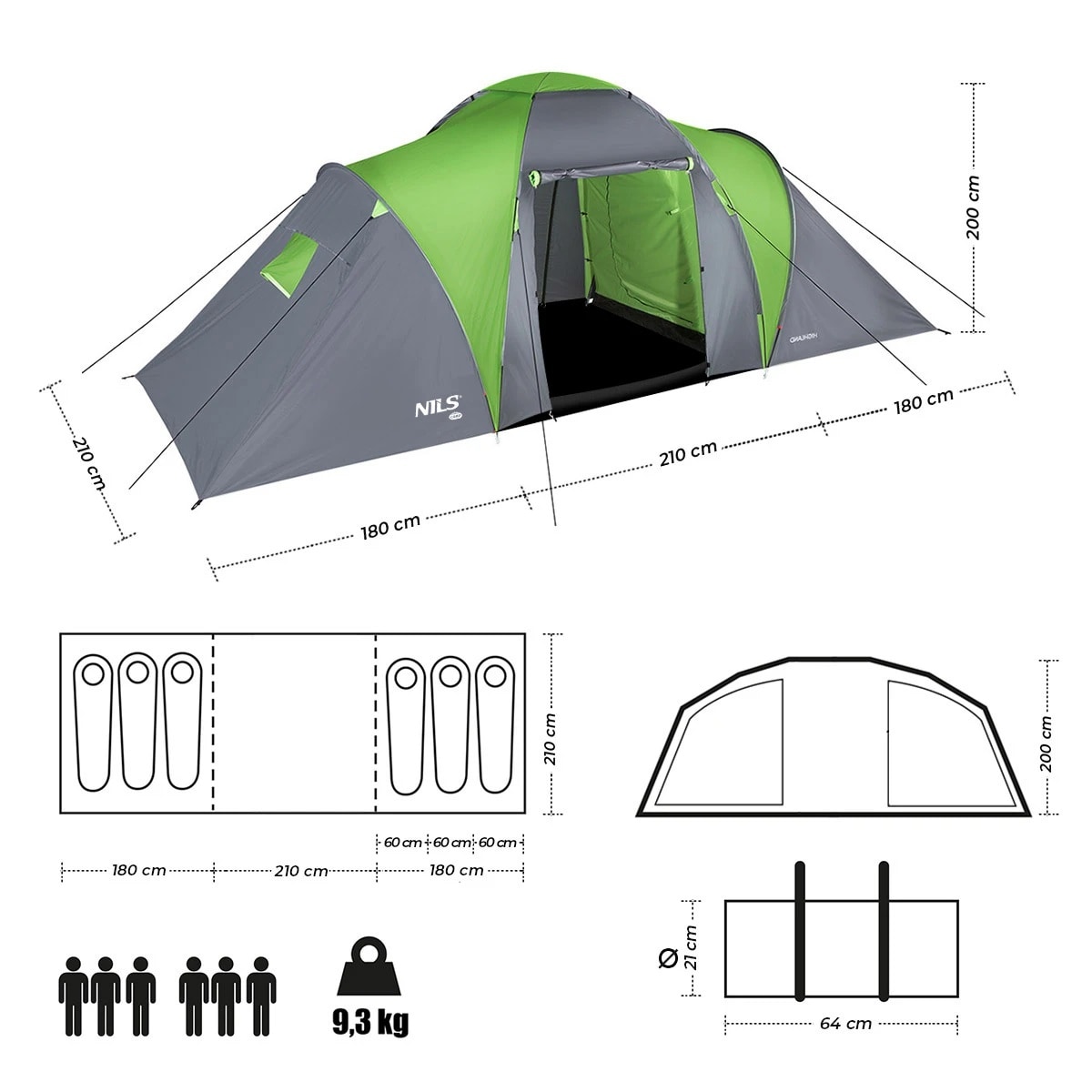 Nils Camp - Highland NC6031 6-Personen Zelt - Grün-Grau