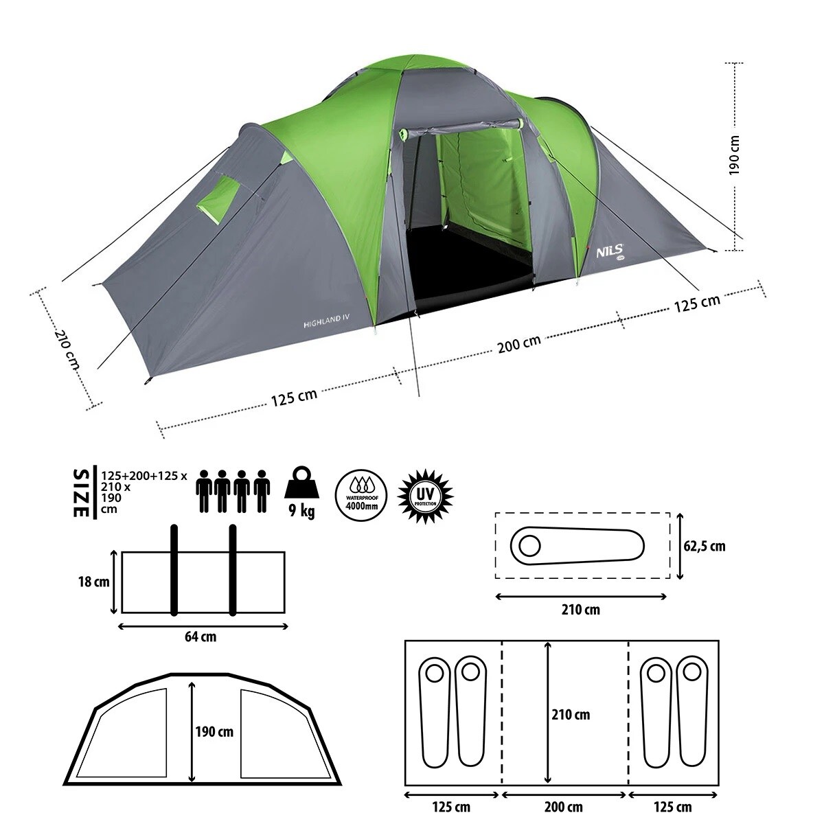 Nils - Camp Highland IV NC6431 - 4-Personen-Zelt - Grün-grau
