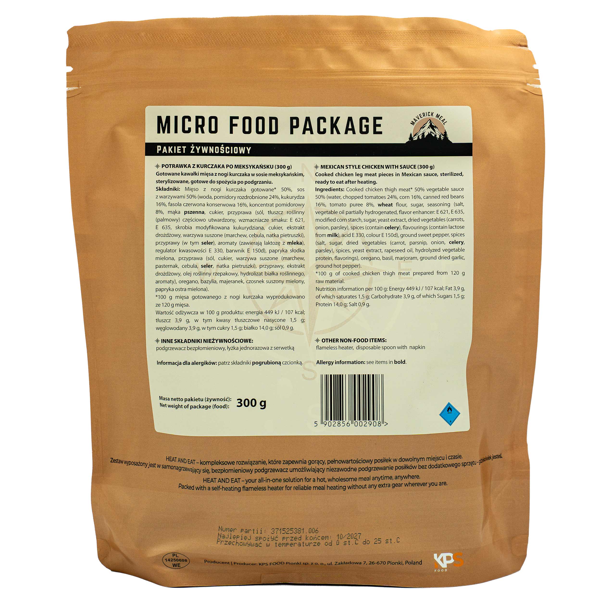 Maverick Food - Micro Fertiggericht mit flammenlosem Erhitzer - Mexikanisches Hähnchengericht - 300 g