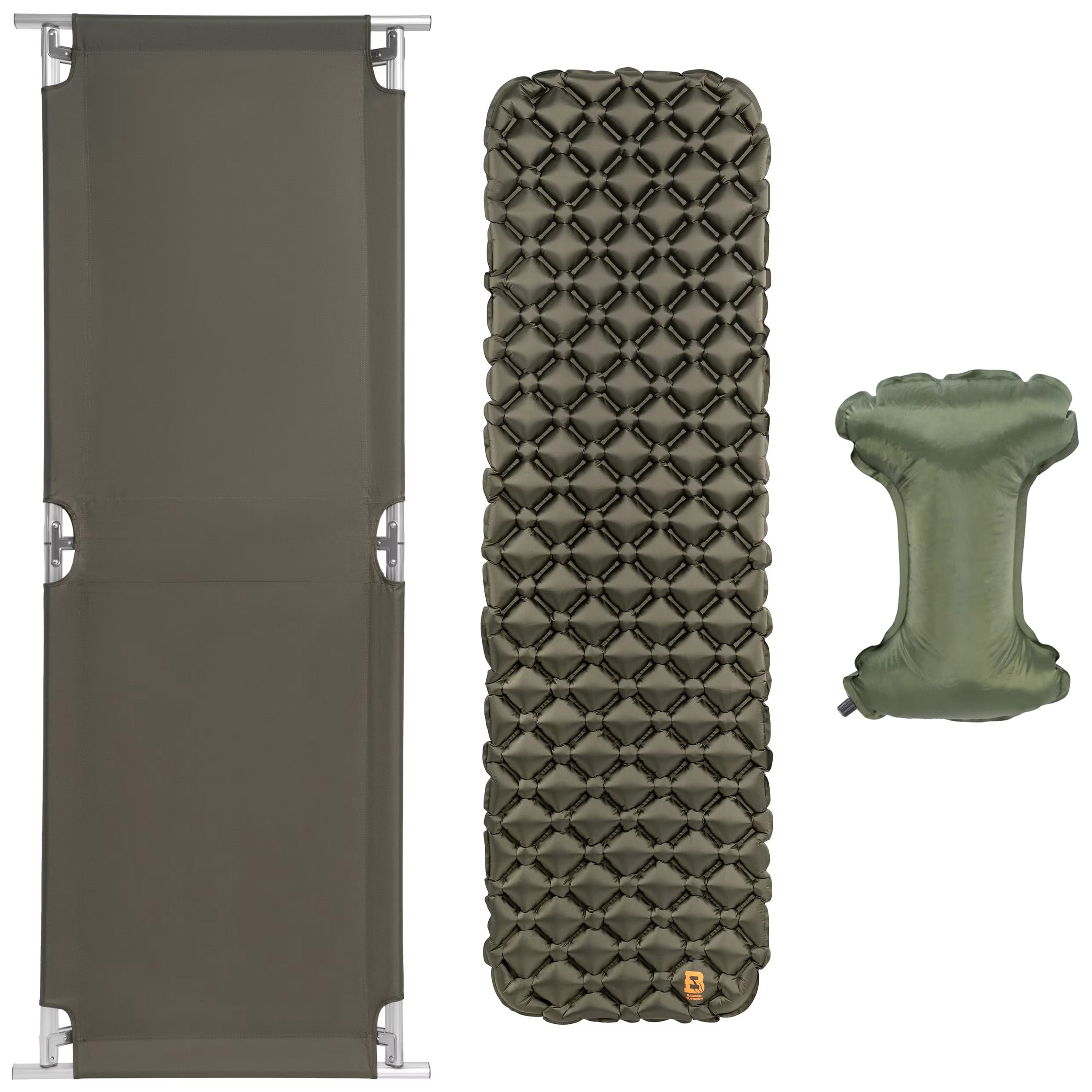 Mil-Tec US Style Klappbares Feldbett + Badger Outdoor Matratze + Kissen - Set