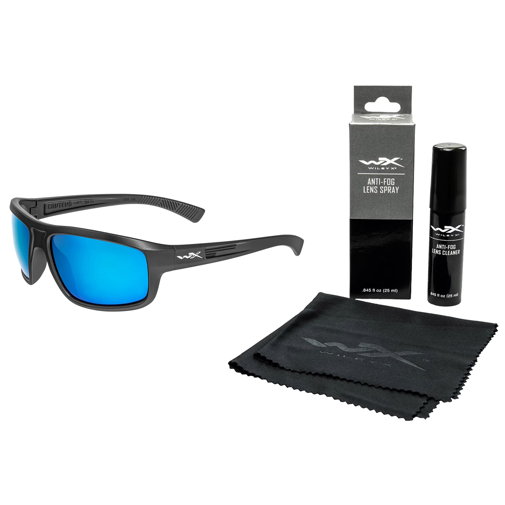 Wiley X - Contend Taktische Brille - Captivate Polarized Blue Mirror/Matte Graphite + Anti-Fog Cleaner Kit - Set