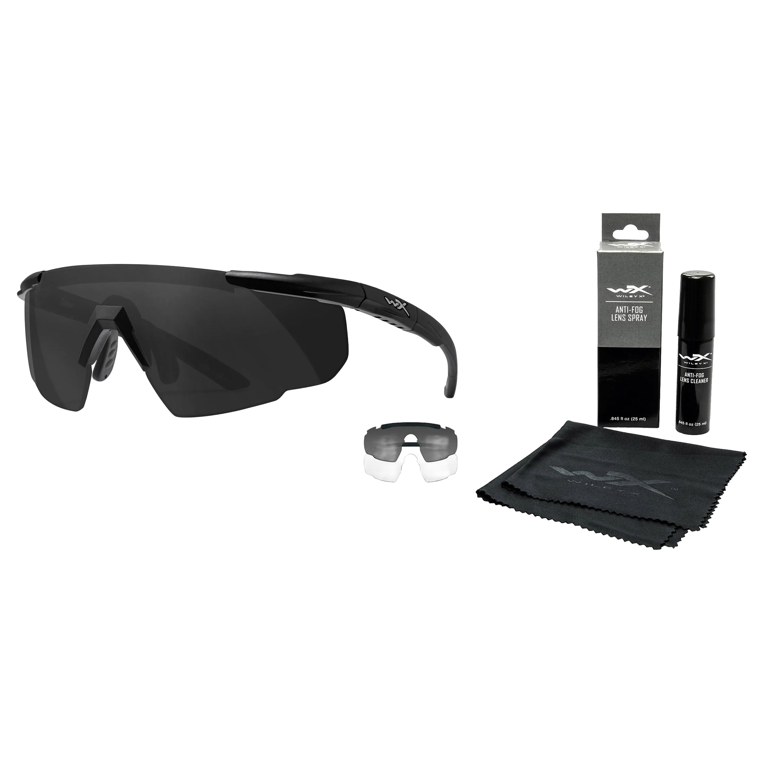 Wiley X - Saber Advanced 2in1 taktische Brille - Grey/Clear/Matte Black + Anti-Fog Cleaner Kit - Set
