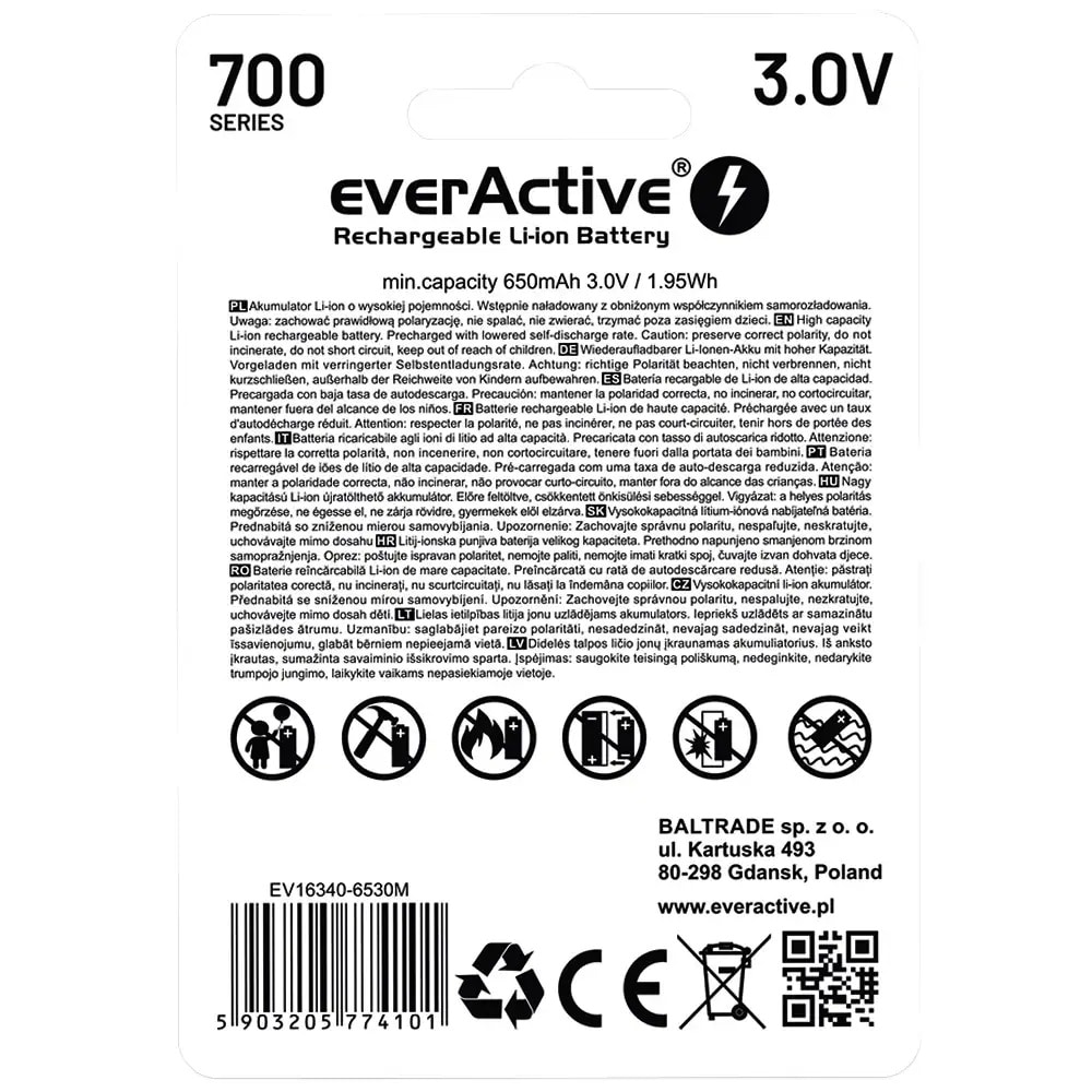 everActive - 3 V Akku 16340 mit Schutzvorrichtung, 700 mAh - 2 Stk.