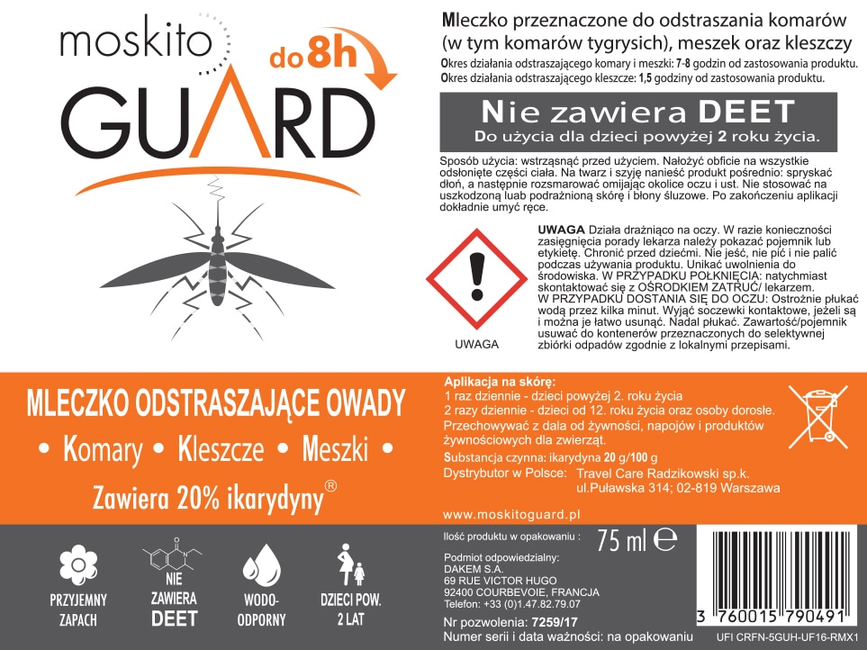 Moskito Guard Ikarydyna 20% Repellent gegen Mücken, Zecken und Gnitzen - Milch 75 ml