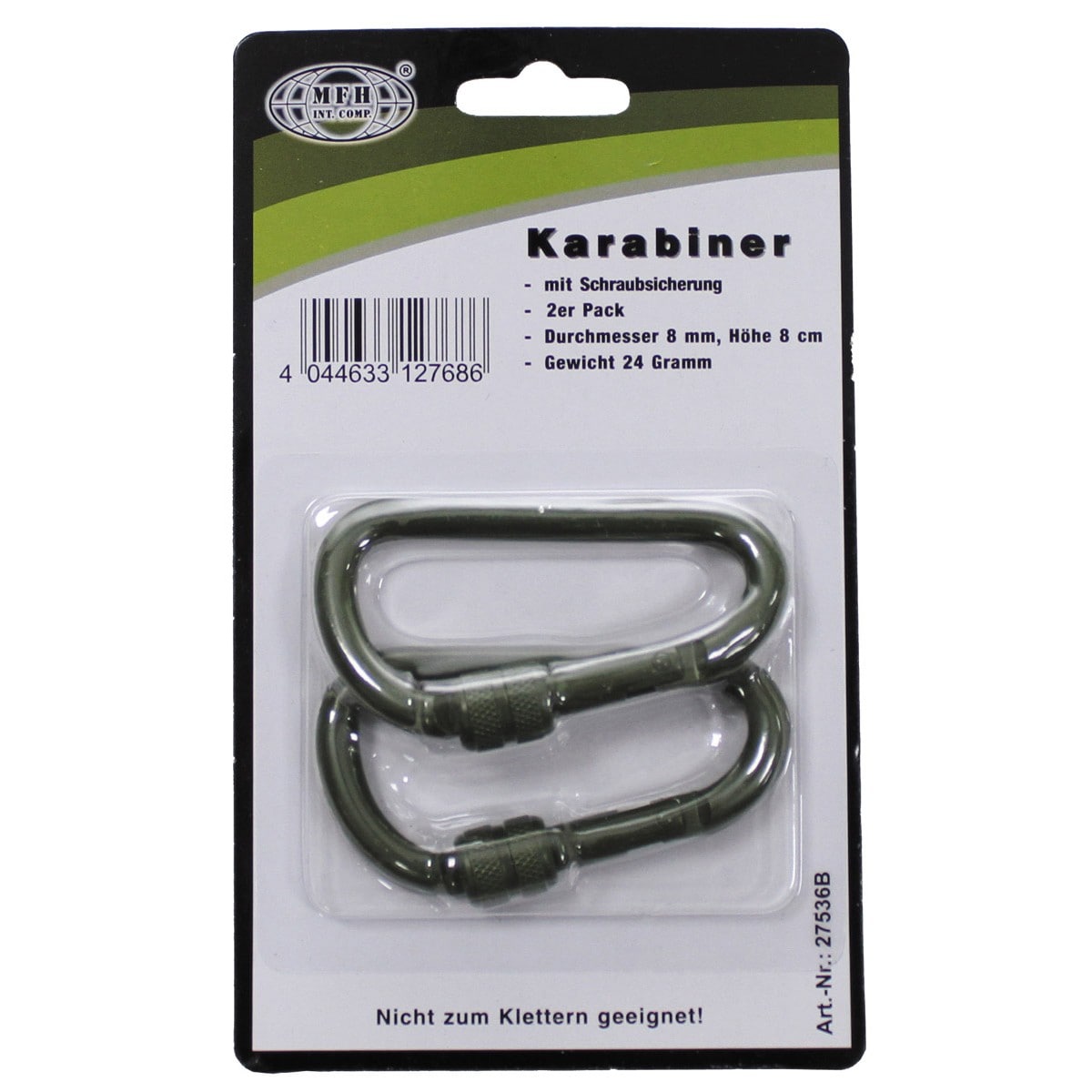 MFH Aluminum Carabiner Screw Lock 8 cm 2-Pack - Olive