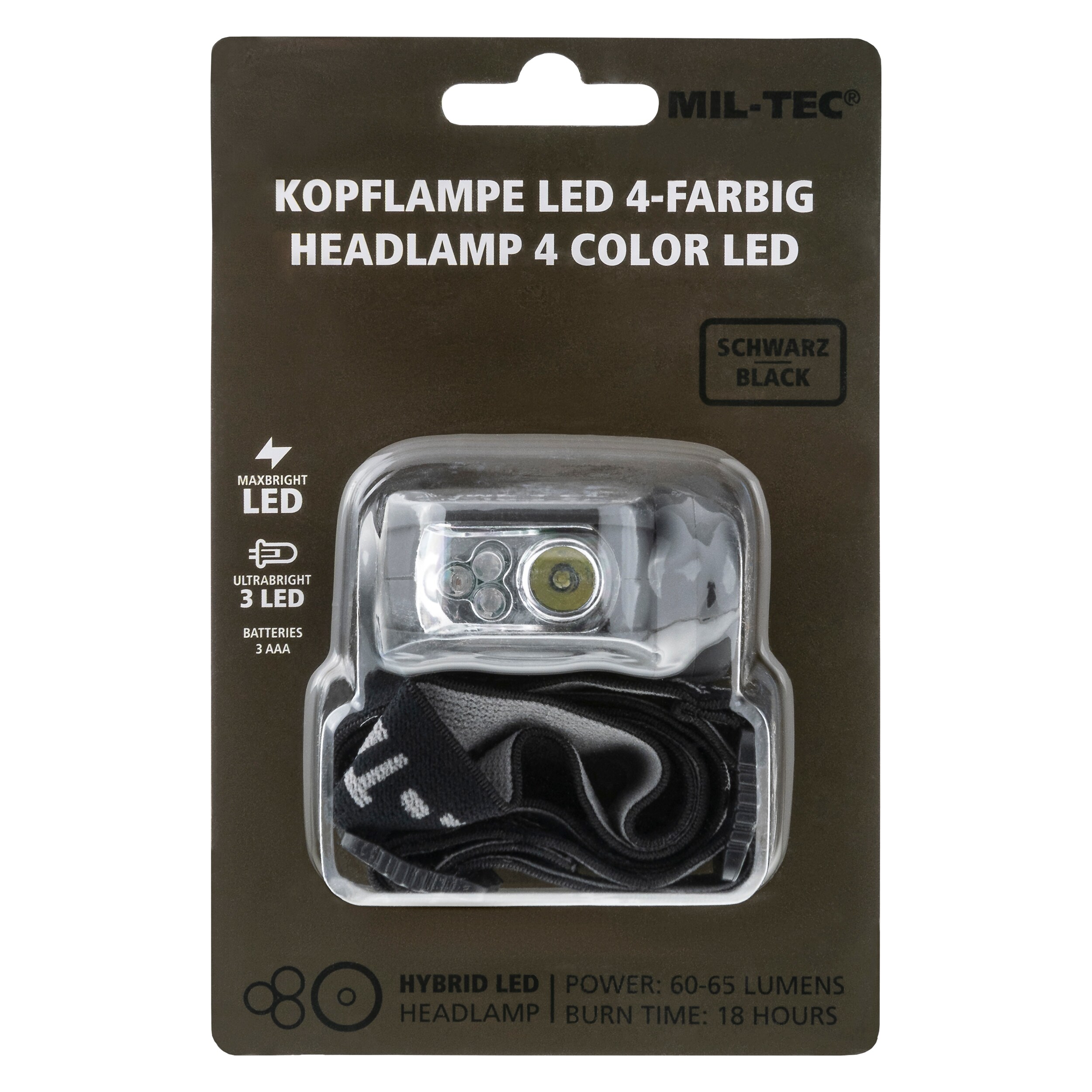 Mil-Tec LED Headlamp 4 Color Black - 65 lumens