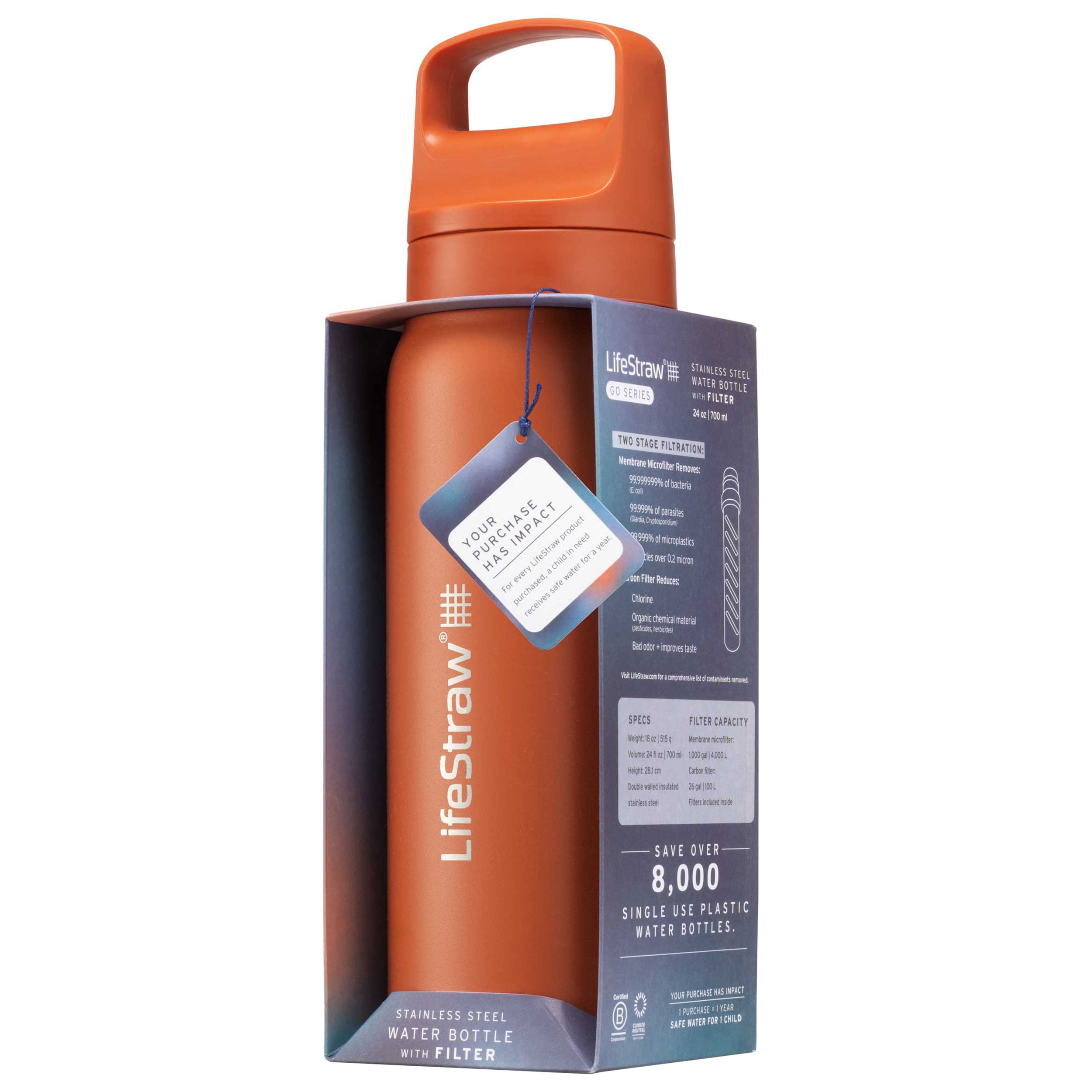 LifeStraw Go 2.0 Filter Stainless Steel 700 ml Bottle - Kyoto Orange