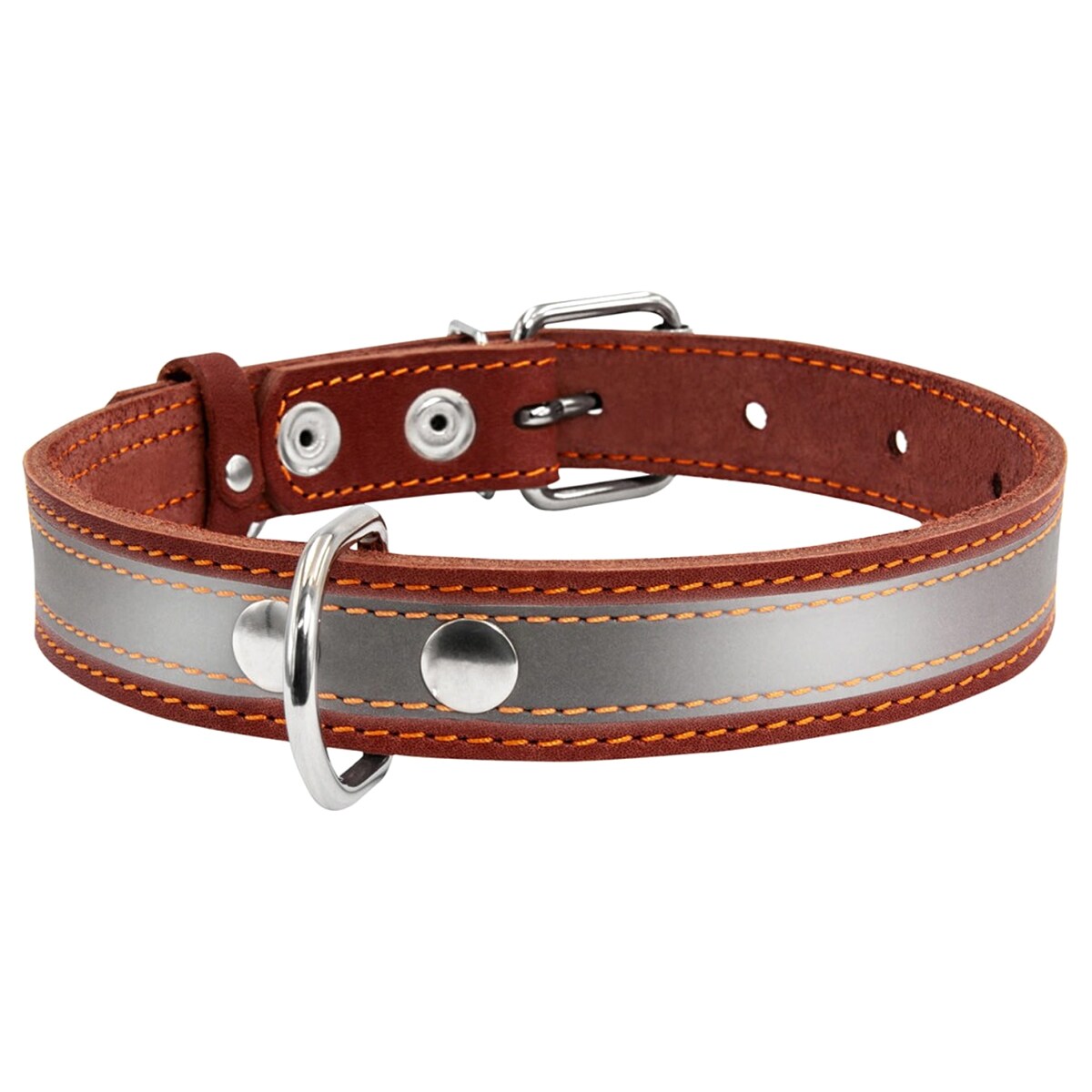 WauDog Leather Dog Collar with reflector 25 mm - Brown