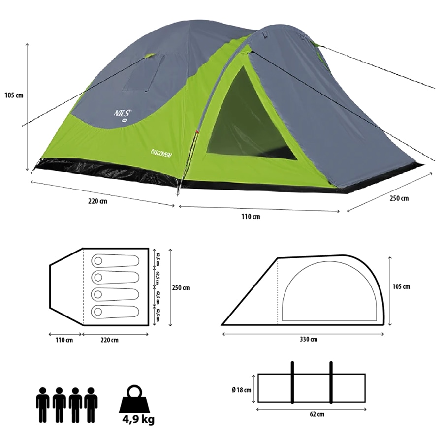 Nils Camp Discovery NC6006 4-Person Tent - Green-Gray