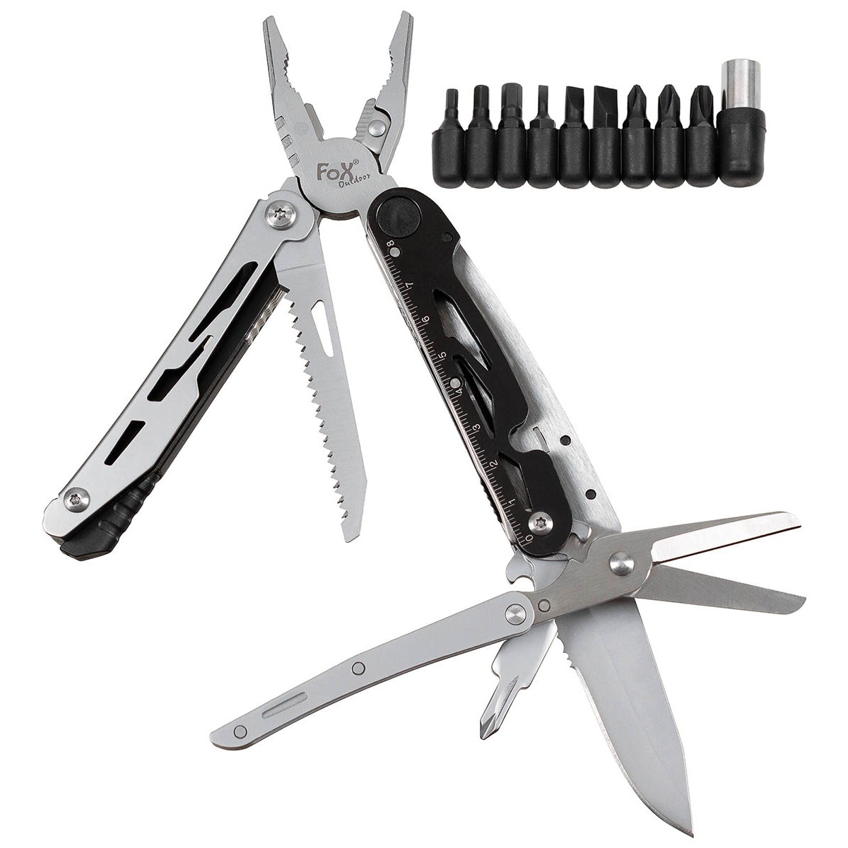 MFH Fox Outdoor Multitool with scissors - Black/Silver