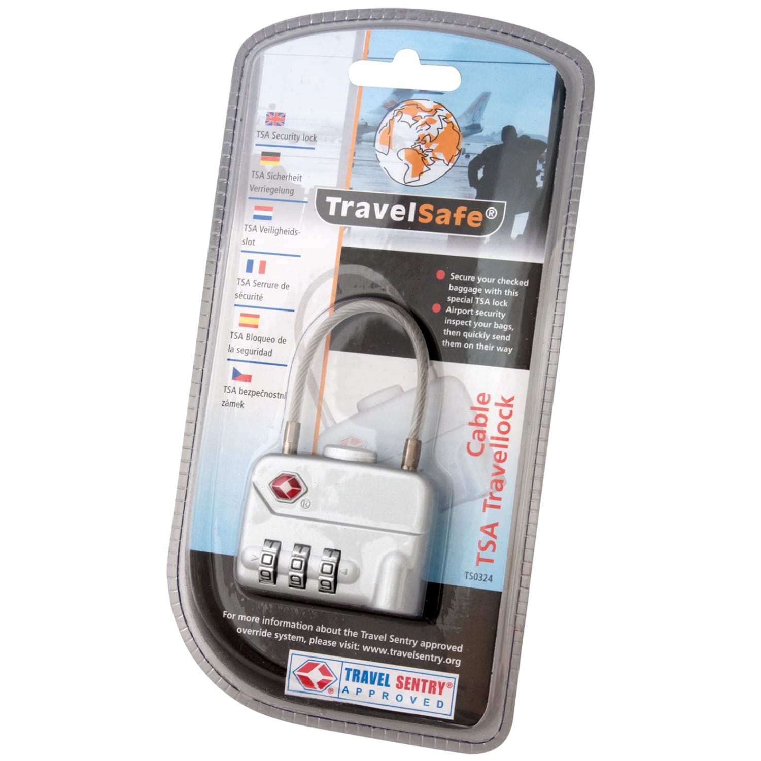 TravelSafe TSA Padlock with cord and combination lock - Grey