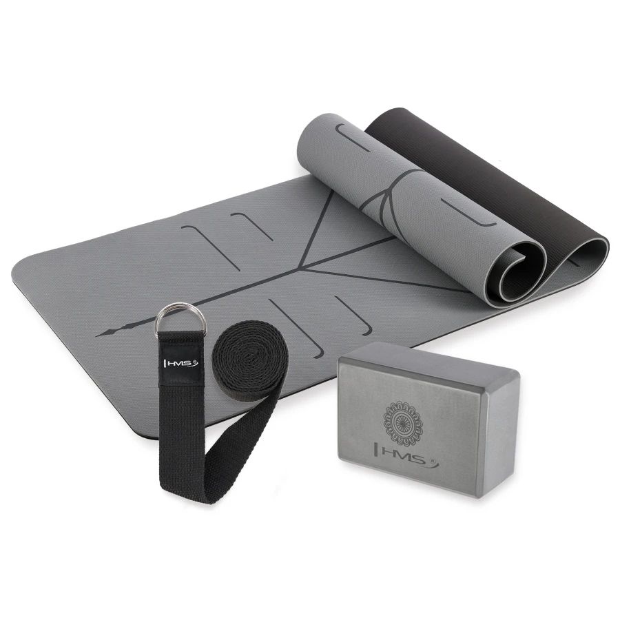 HMS - Yoga Set TPE Mat YM10Block KJ02 Strap SJ01 - Gray