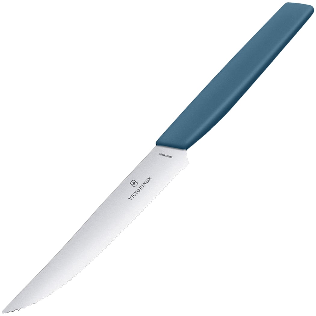 Victorinox Swiss Modern 12 cm Cornflower Blue Kitchen Knife - serrated with sharp tip