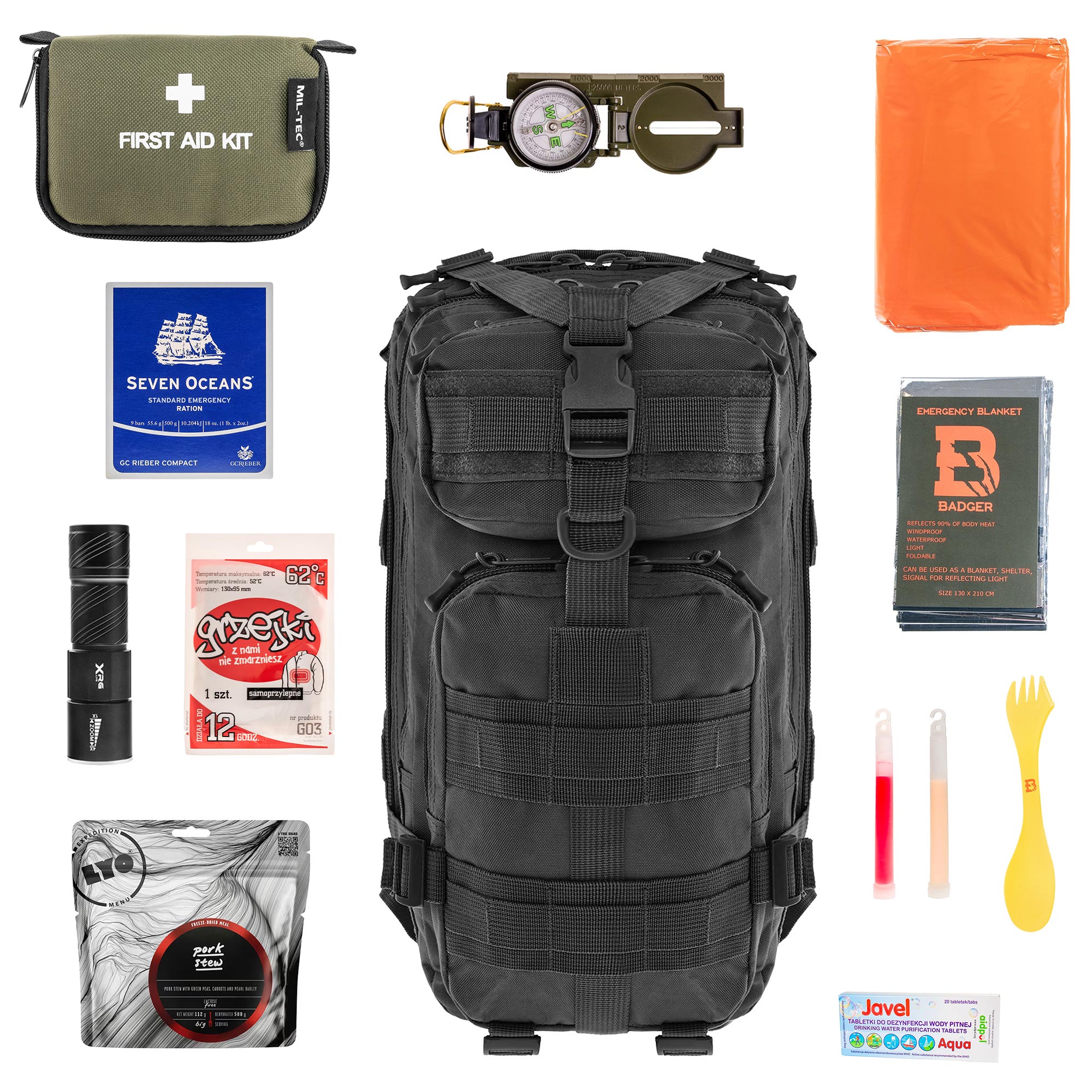 Badger Outdoor Recon 25 l Black V2 Bug Out Bag - with equipment