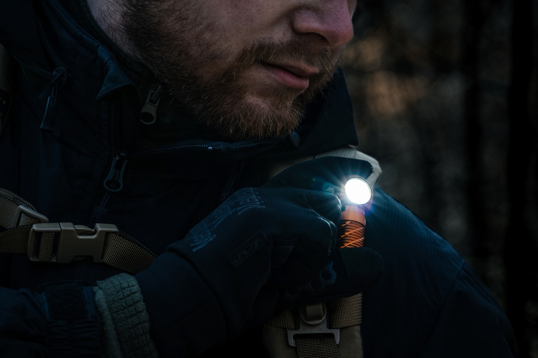 Olight Perun 3 Mini Cool White Orange Head Torch with Angled Torch with Headband - 1250 lumens