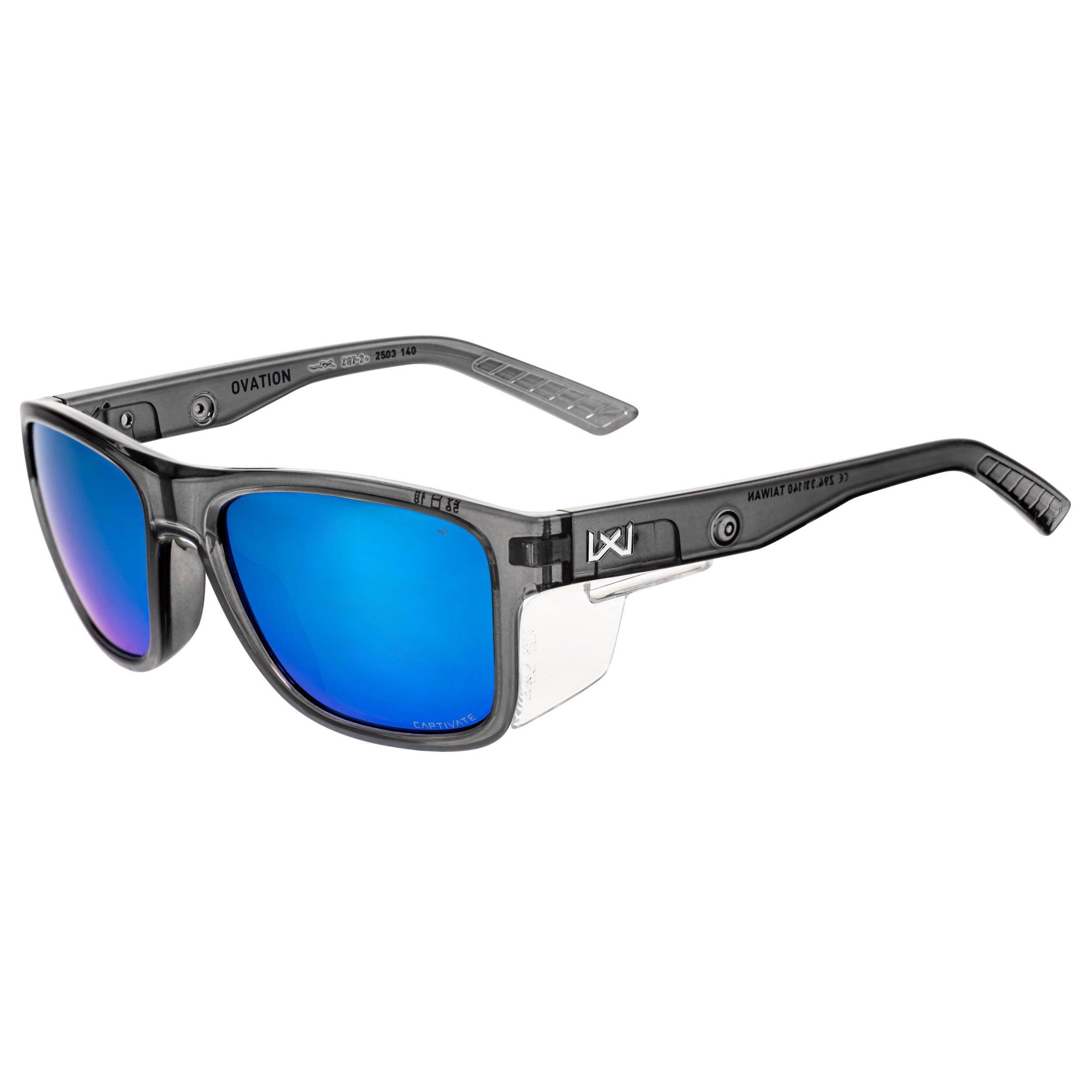 Wiley X Ovation Glasses - Captive Polarized Blue Mirror/Gloss Crystal Dark Grey