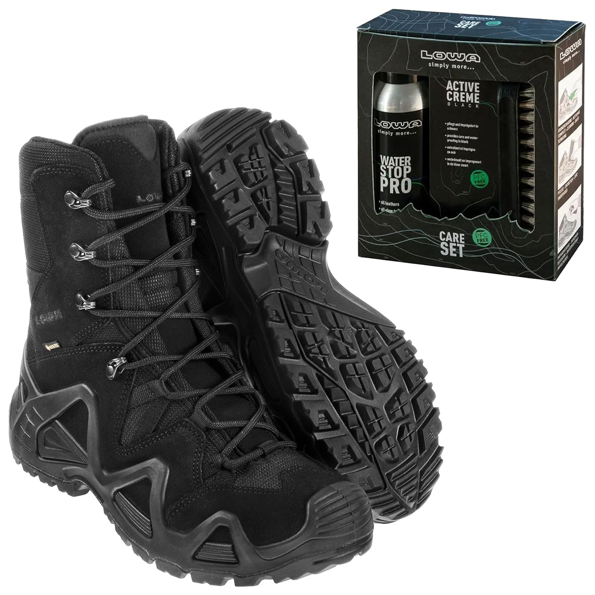 Zephyr GTX HI TF Black Boots + Care Set Lowa for footwear cleaning - set