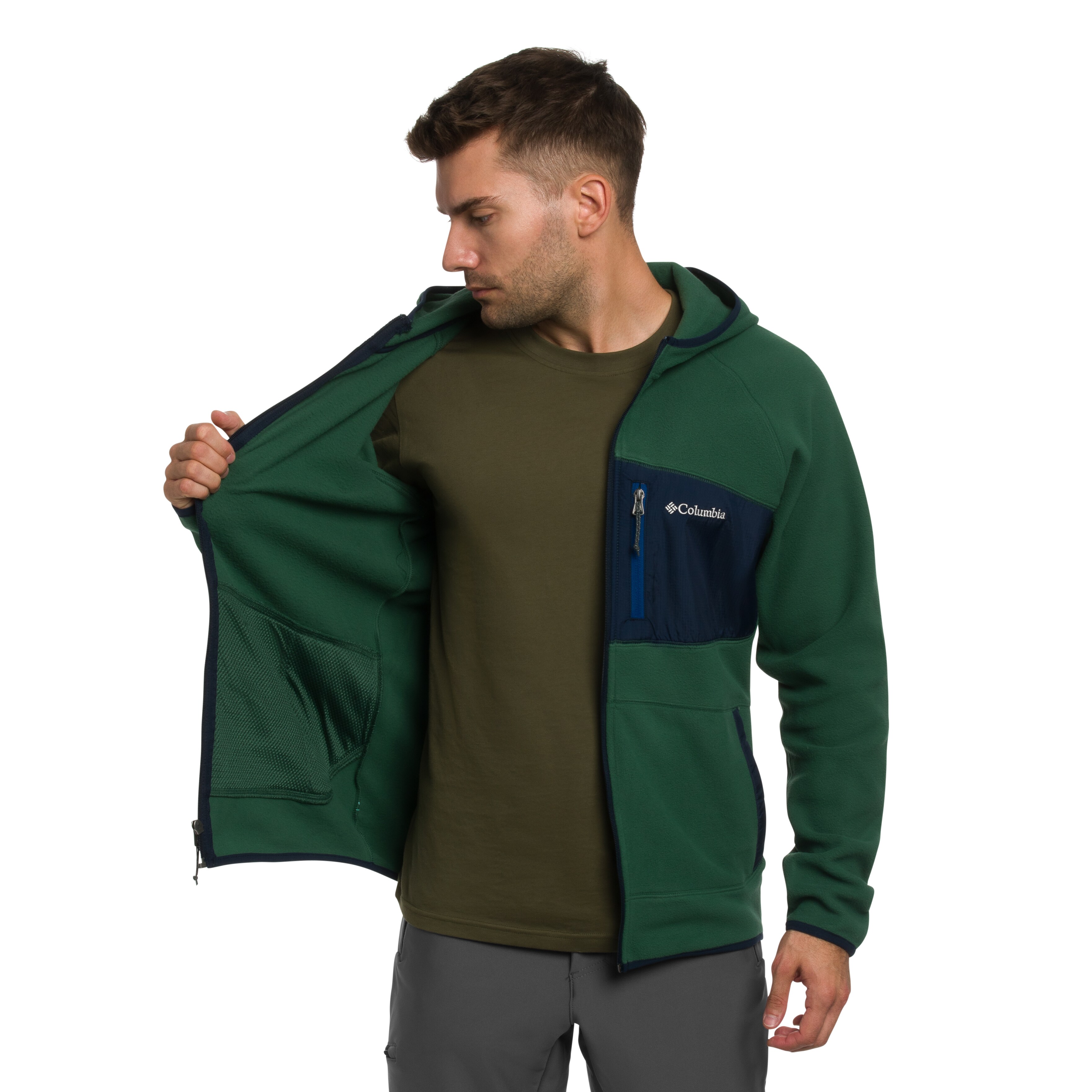 Columbia Fast Trek Overlay Hooded Fleece - Rain Forest/Coll Navy