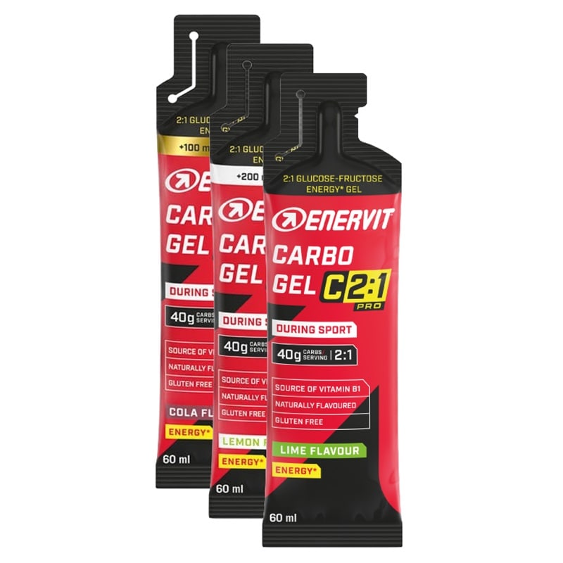 Enervit Sport Carbo Gel C2:1PRO Energy Gel - 3 x 60 ml - Lemon-Soda/Cola-Caffeine/Lime