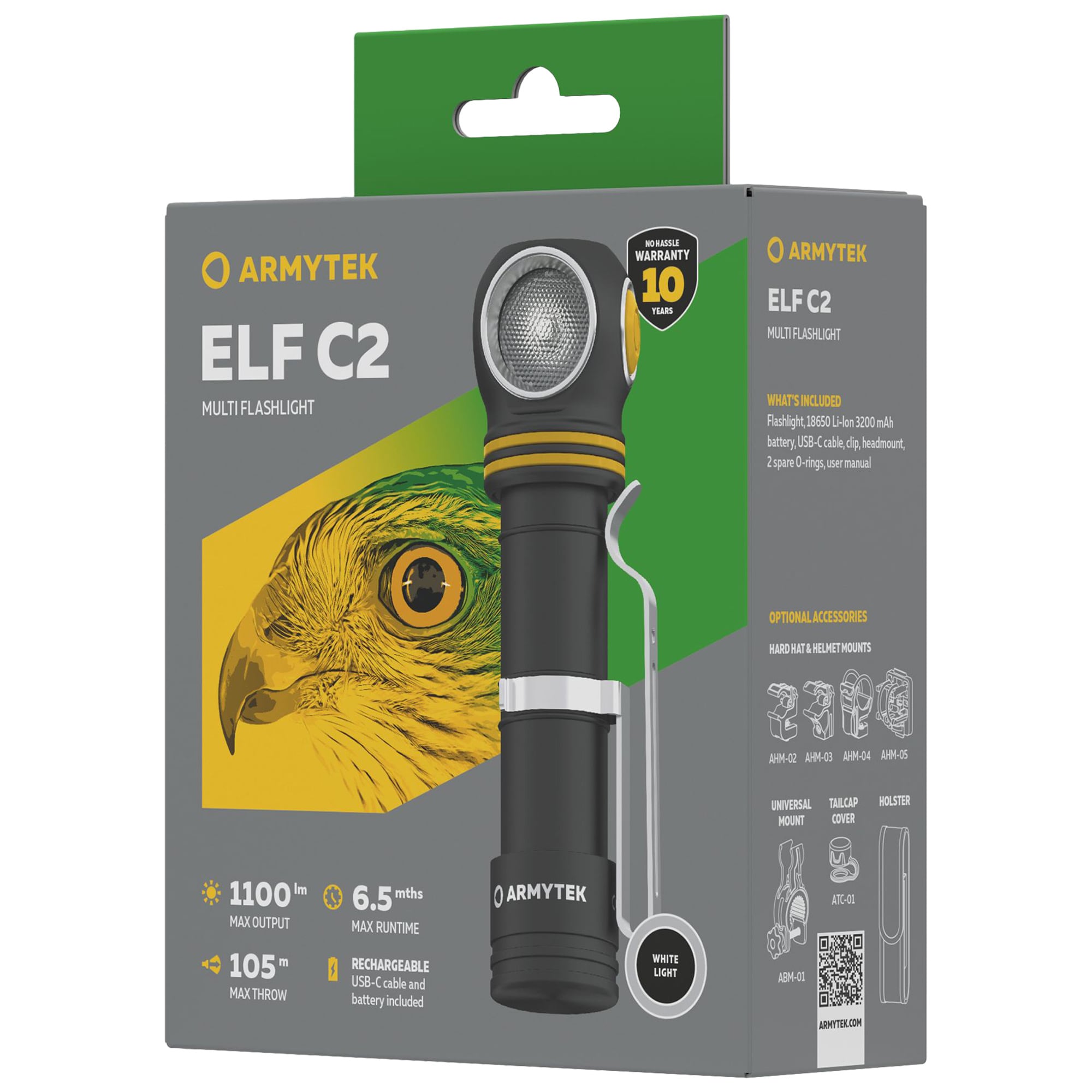 Armytek Elf C2 USB-C White PCB Head Torch and Angled Torch - 1100 lumens