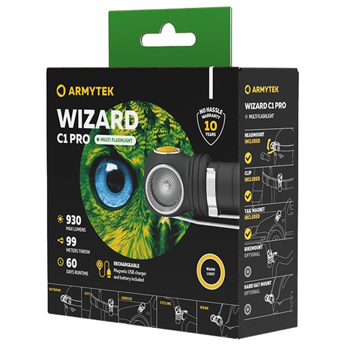 Armytek Wizard C1 Pro Magnet USB Yellow PCB Head Torch and Angled Torch - 930 lumens