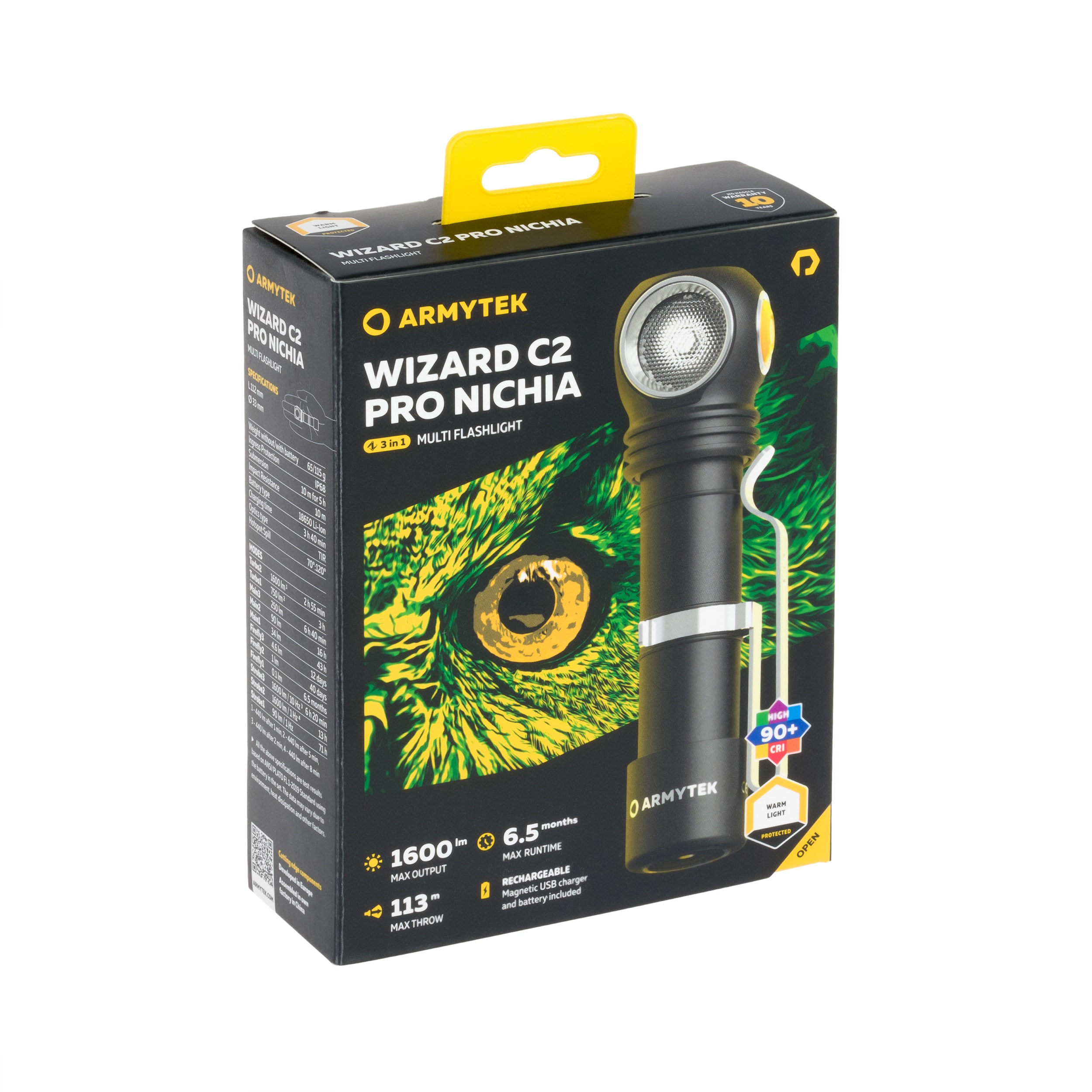 Armytek Wizard C2 Pro Nichia Magnet USB Yellow PCB Head and Angle Flashlight - 1600 lumens