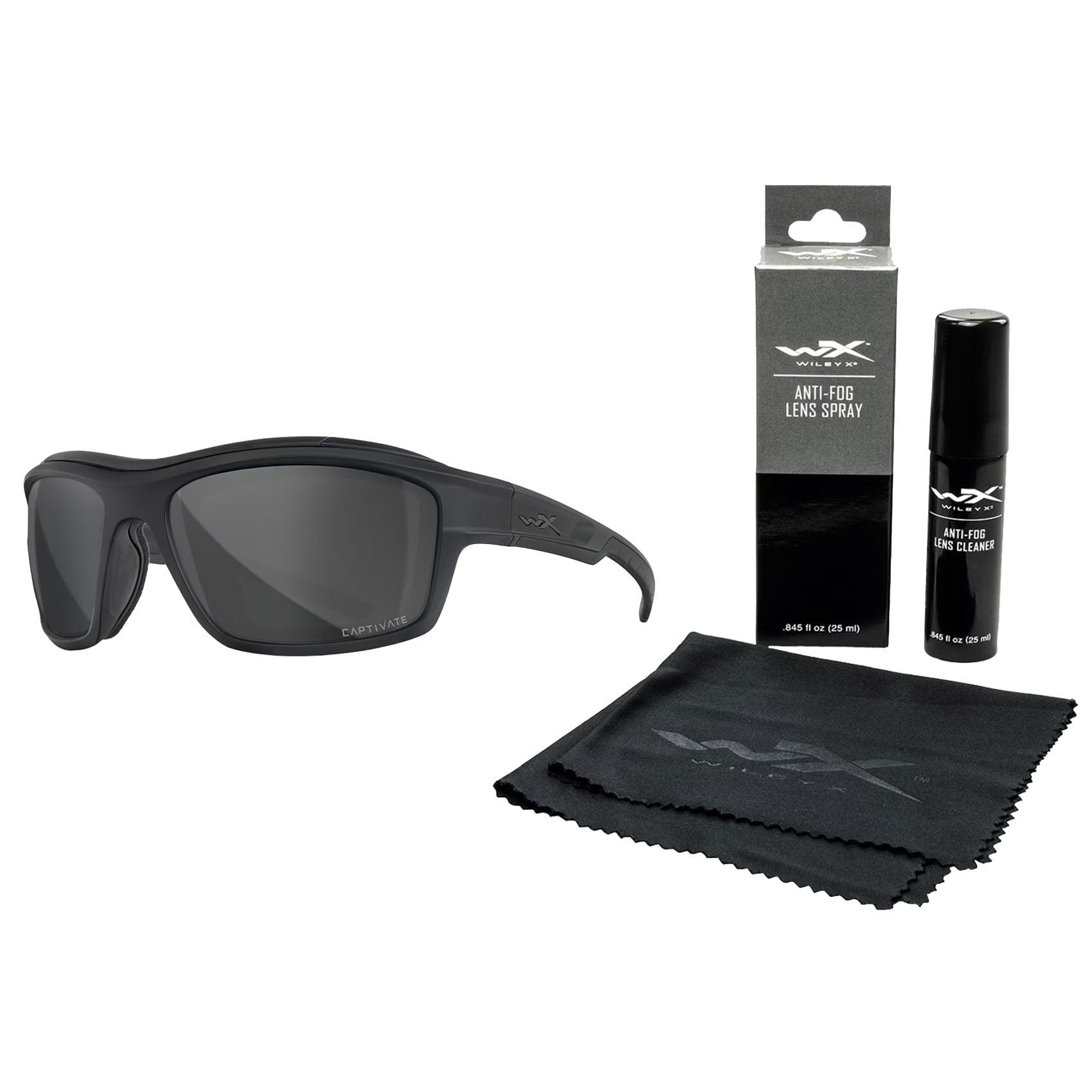 Wiley X Ozone Tactical Glasses - Captivate Polarized Gray/Matte Black + Anti-Fog Cleaner Kit - Set