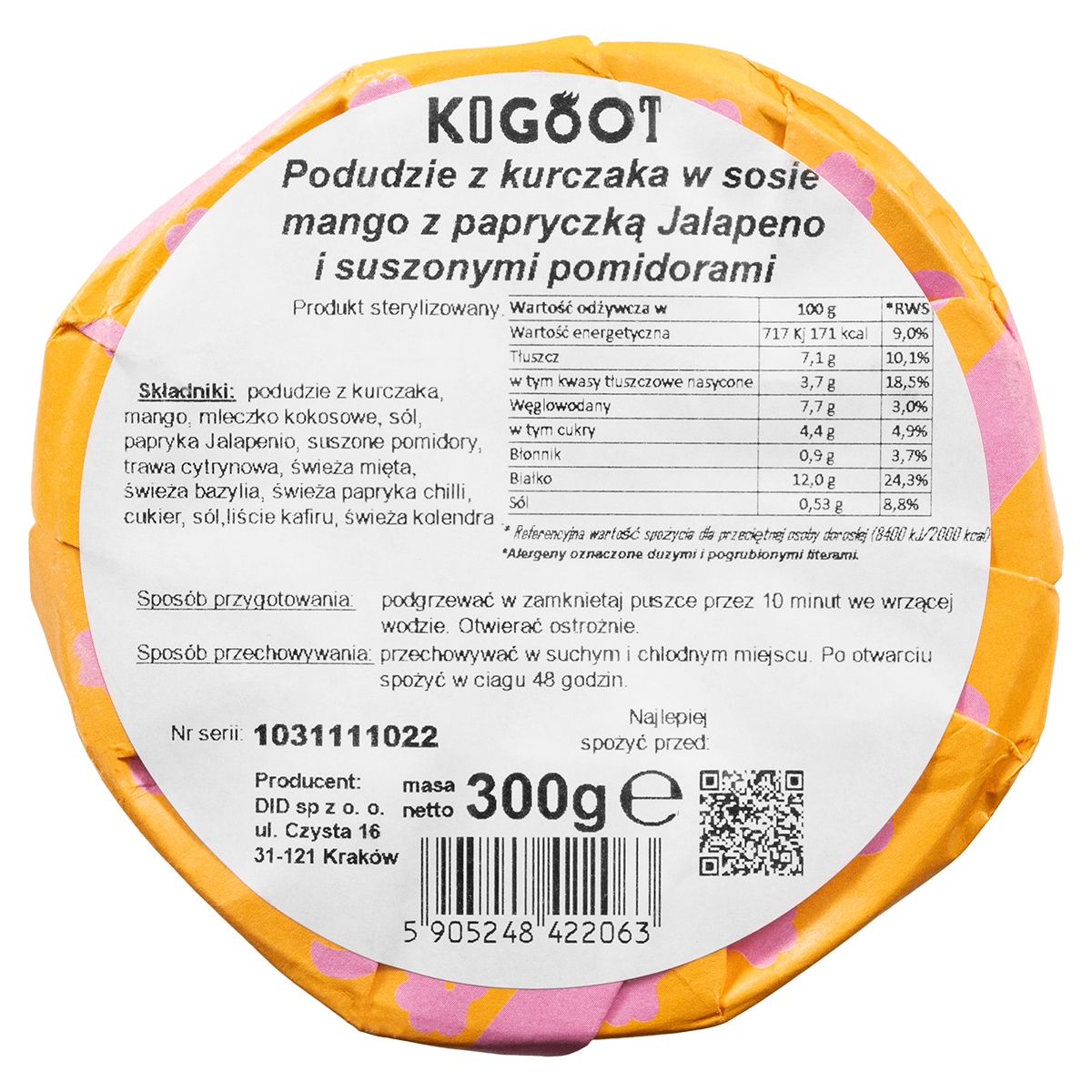 Kogoot artisan canned food of Polish production. Free-range chicken drumstick braised in Alfredo mango pulp sauce 300 g.